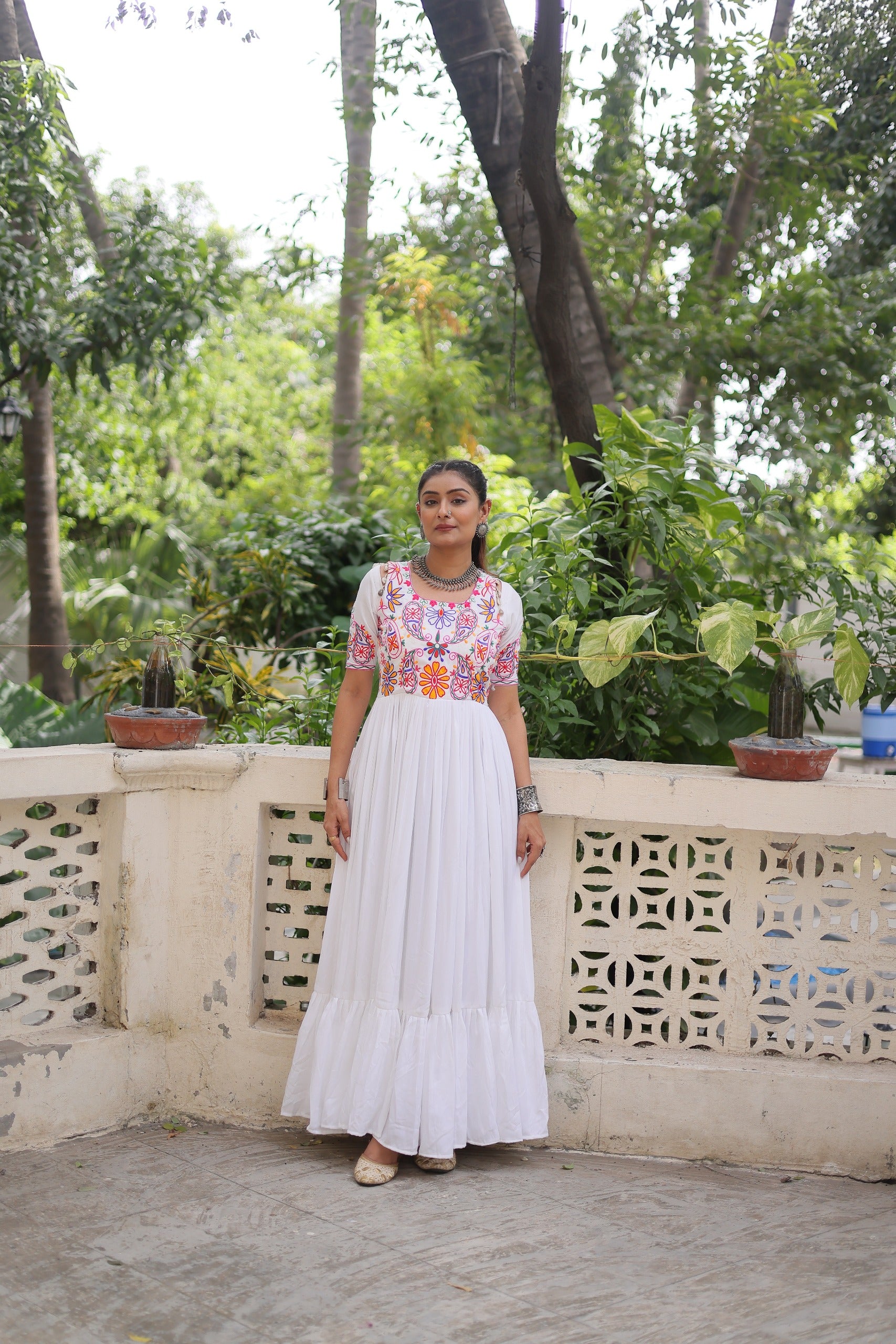 Womenline White Color Reyon Navratri Gown