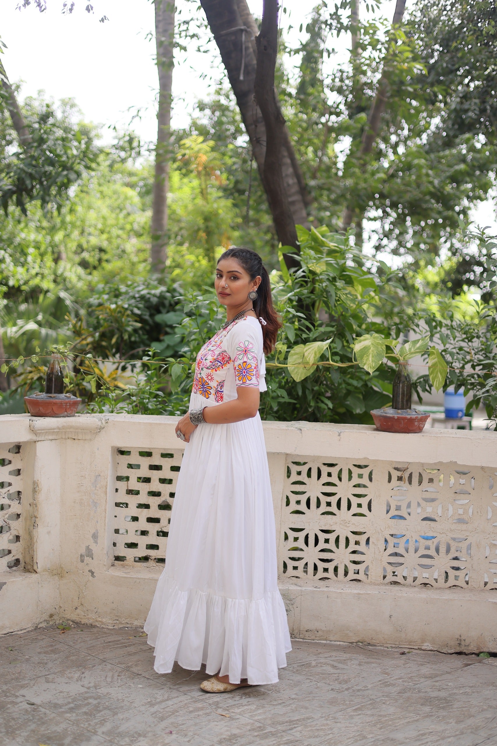 Womenline White Color Reyon Navratri Gown