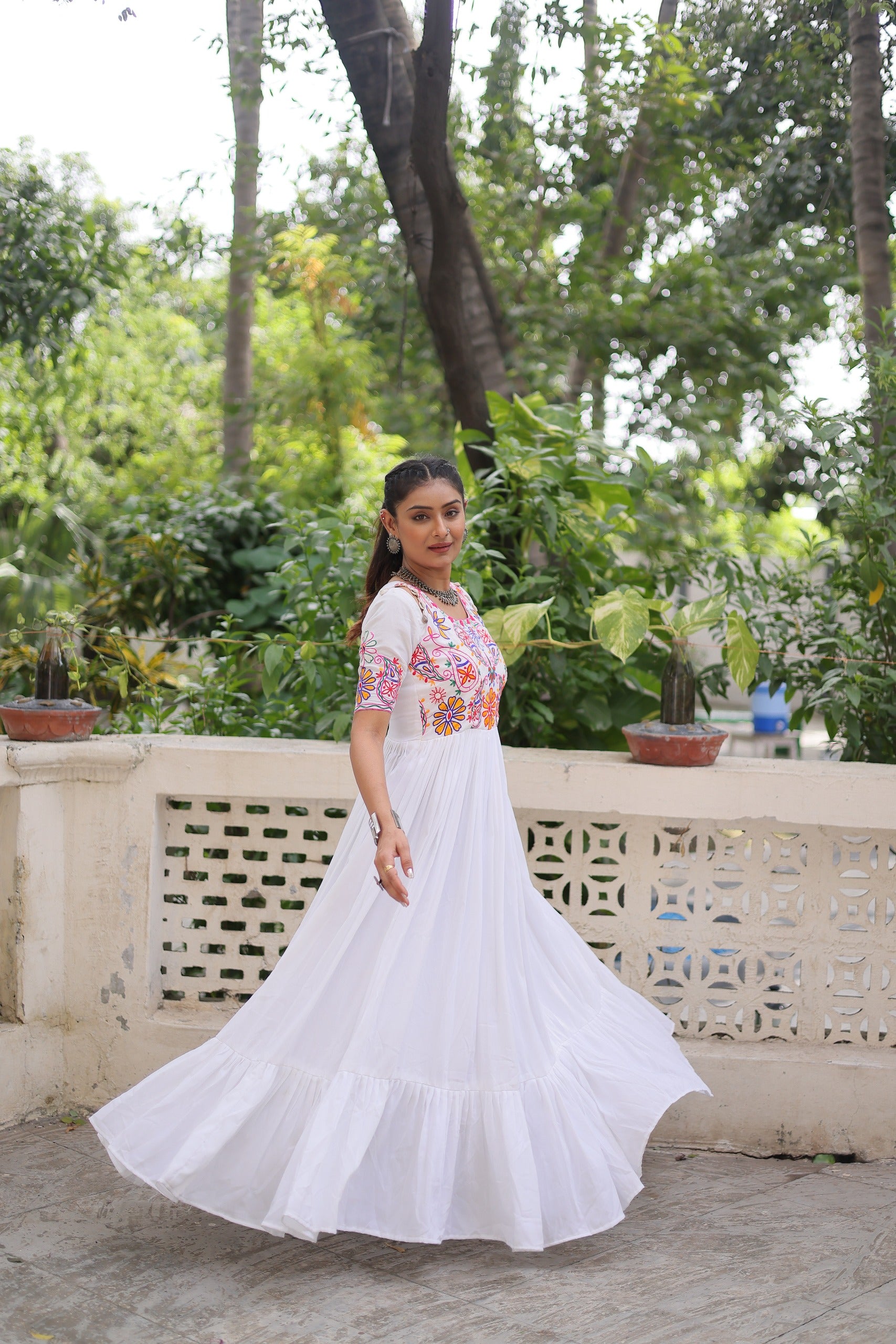 Womenline White Color Reyon Navratri Gown