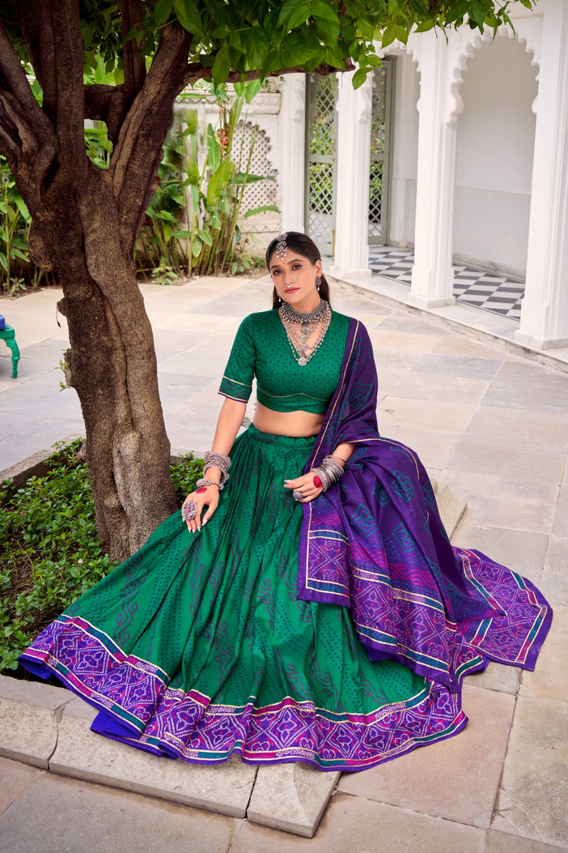 Womenline Elegant Green Color Tussar Silk Bandhej Navratri Lehenga Choli