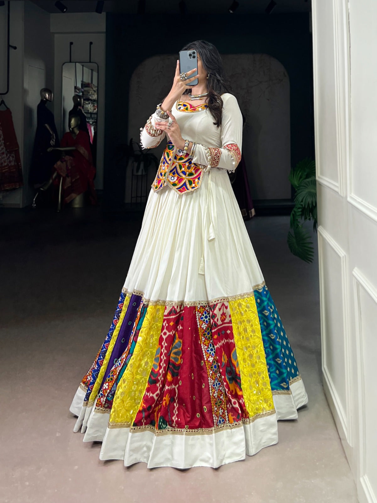 Womenline White Color Rayon Navratri Lehenga Choli