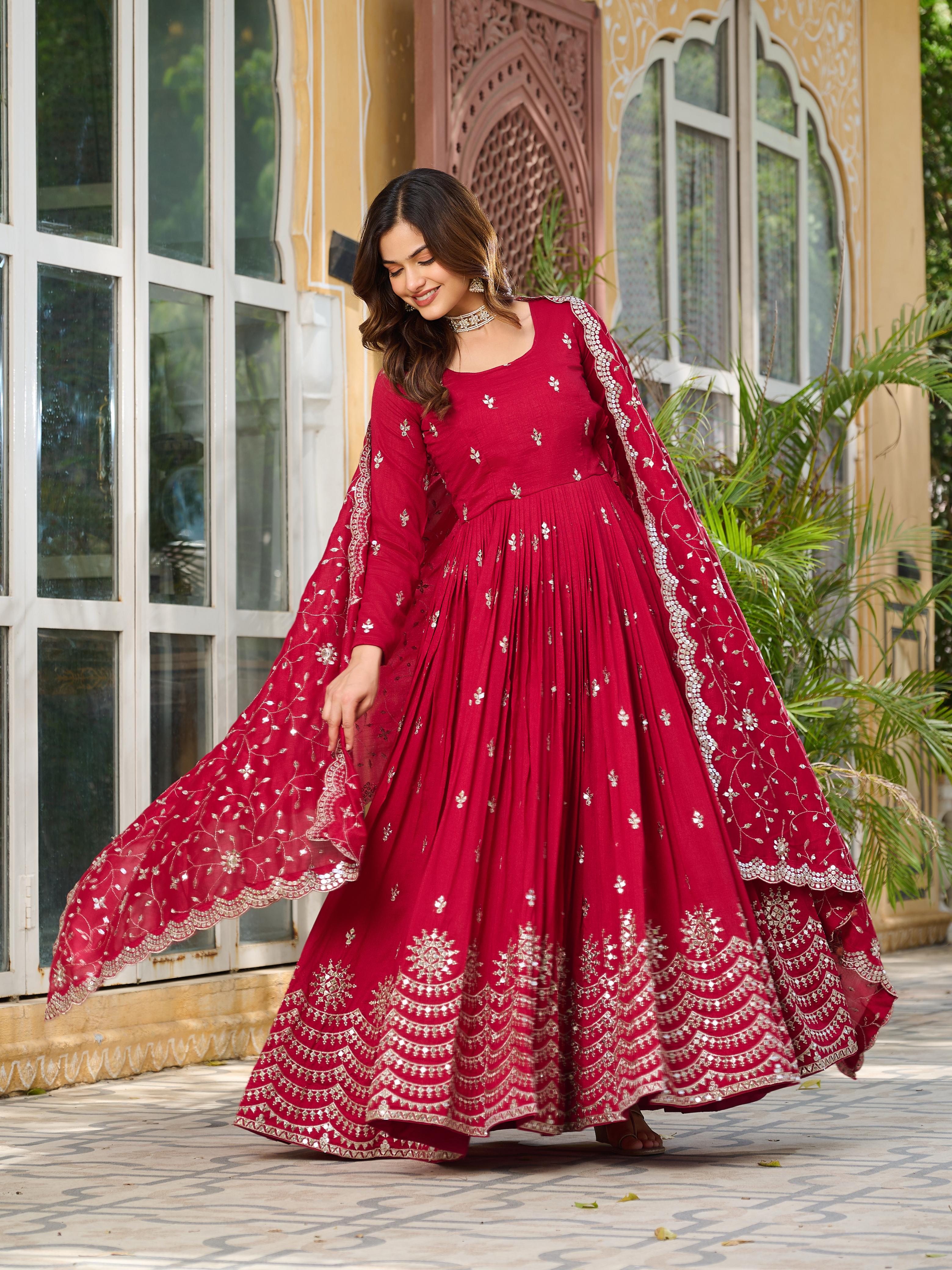 Womenline Red Color Vichitra Silk Designer Gown