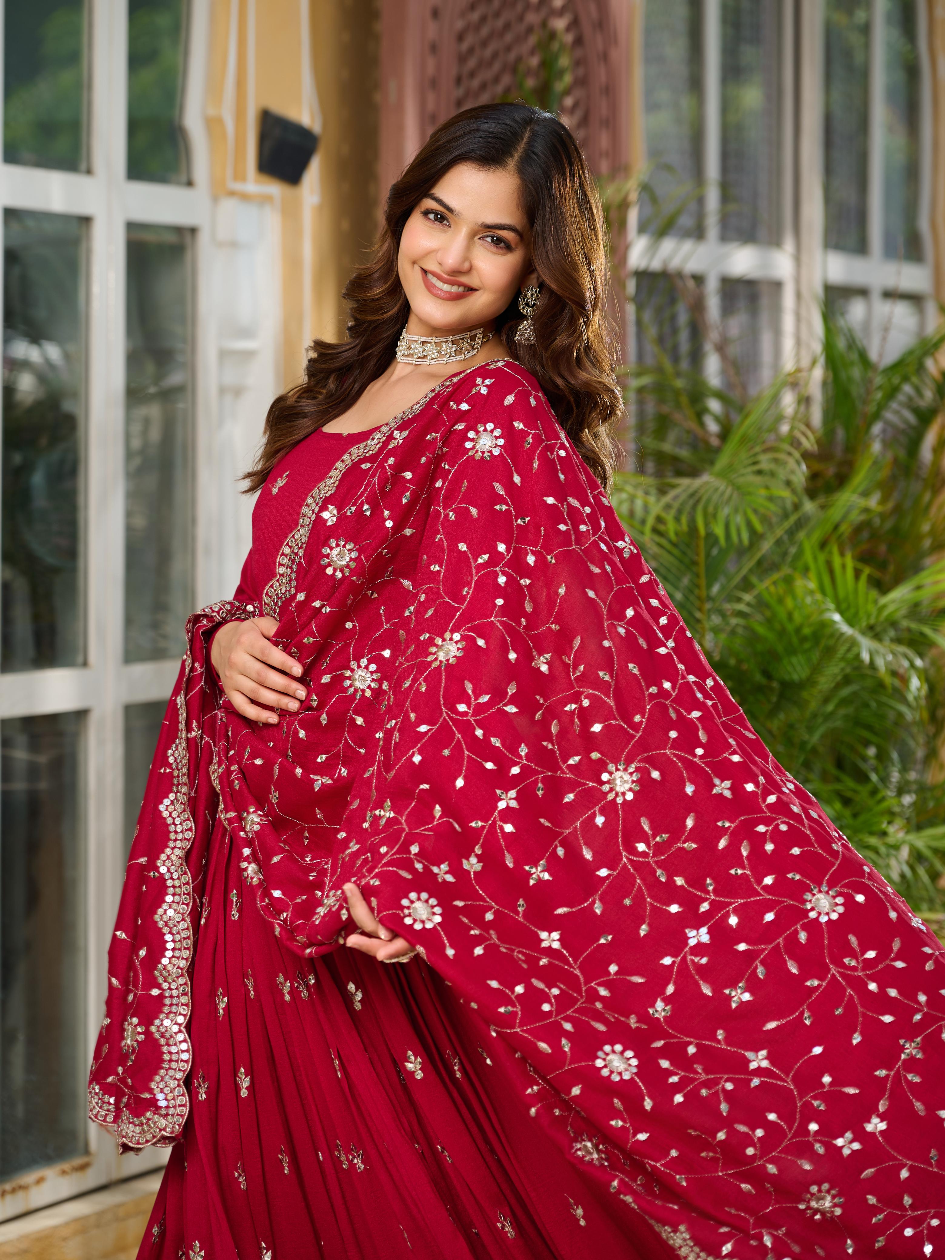 Womenline Red Color Vichitra Silk Designer Gown