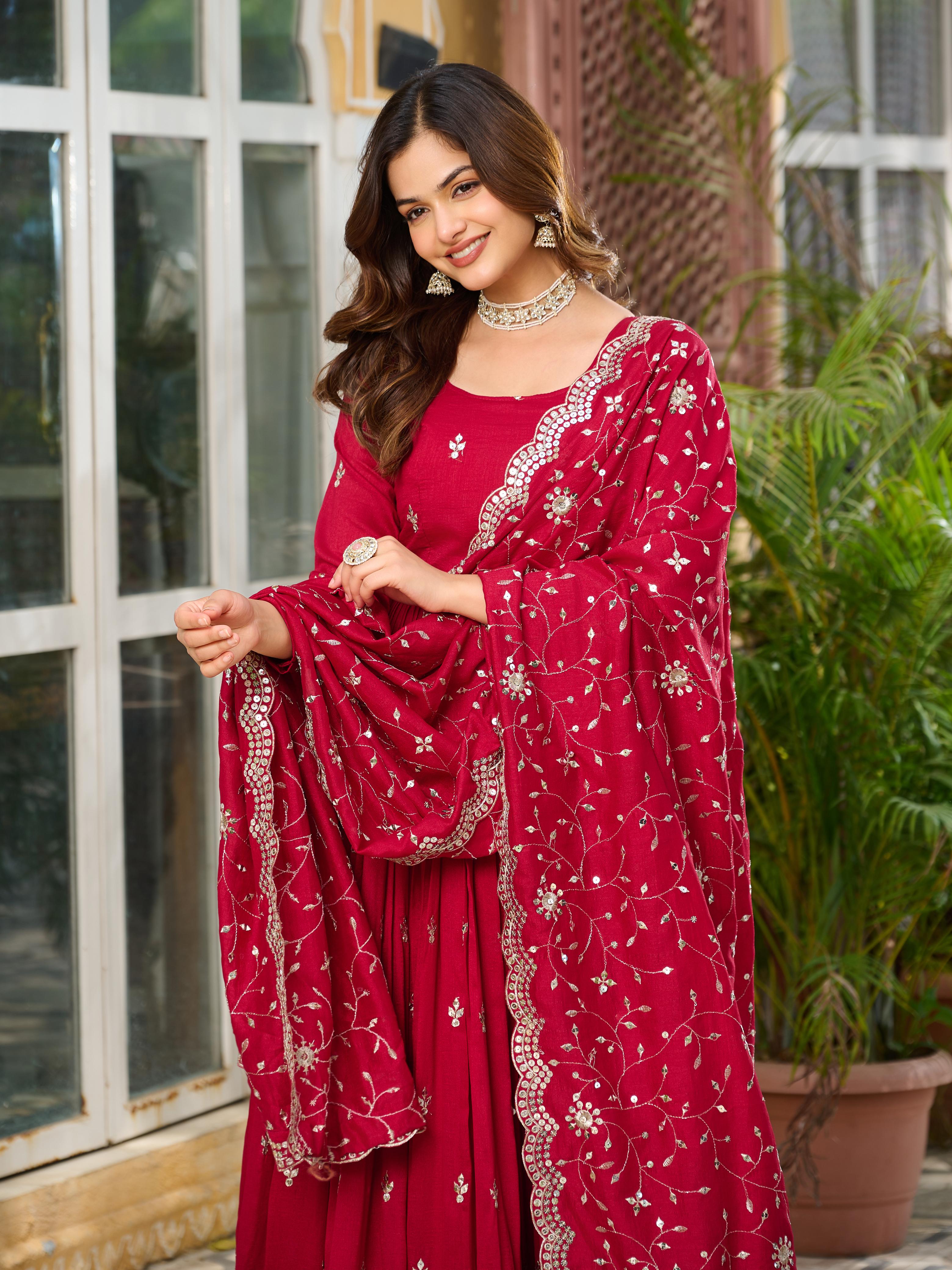 Womenline Red Color Vichitra Silk Designer Gown