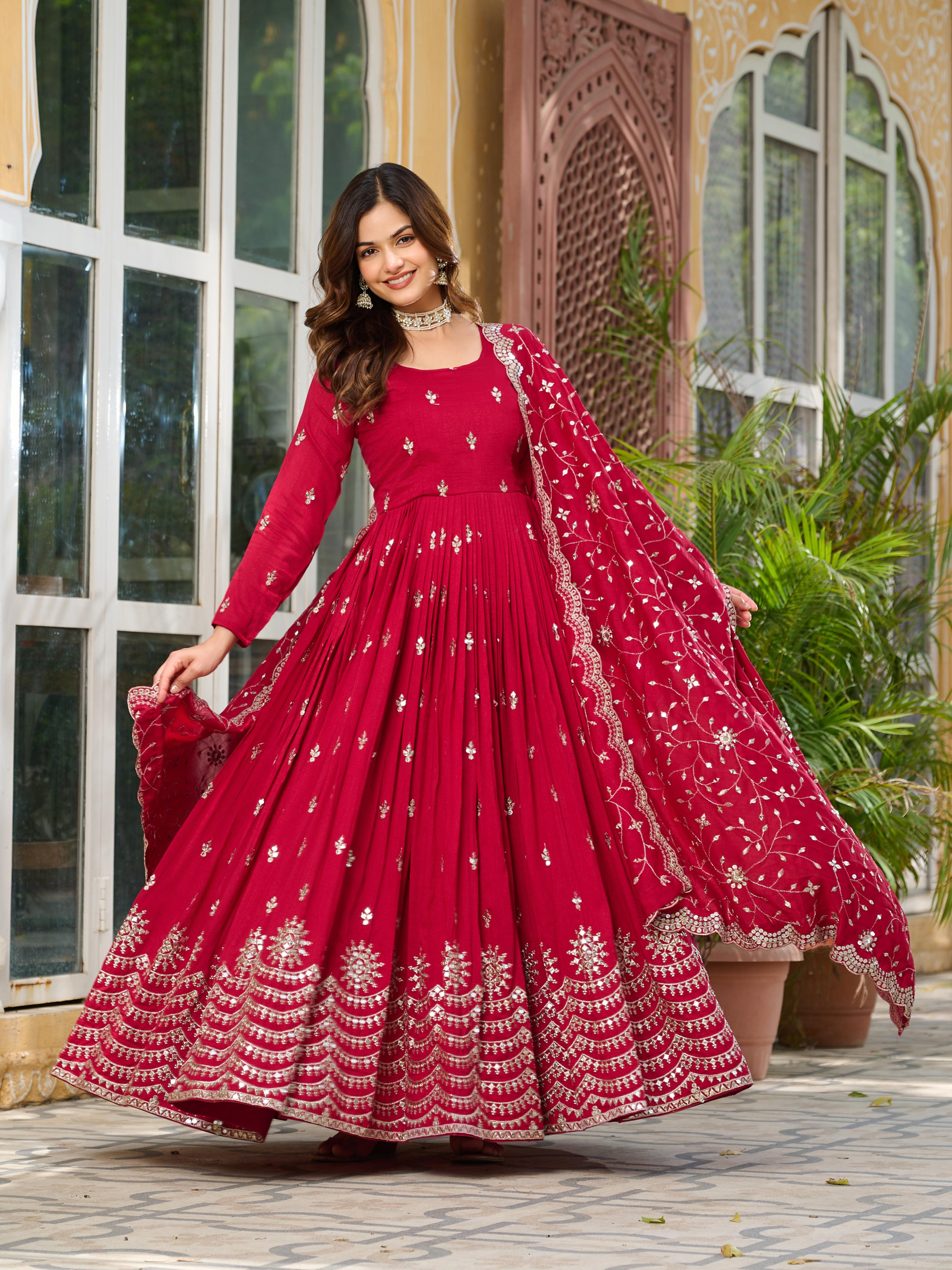 Womenline Red Color Vichitra Silk Designer Gown