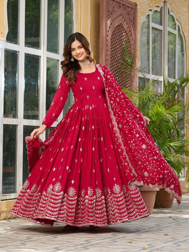 Womenline Red Color Vichitra Silk Designer Gown