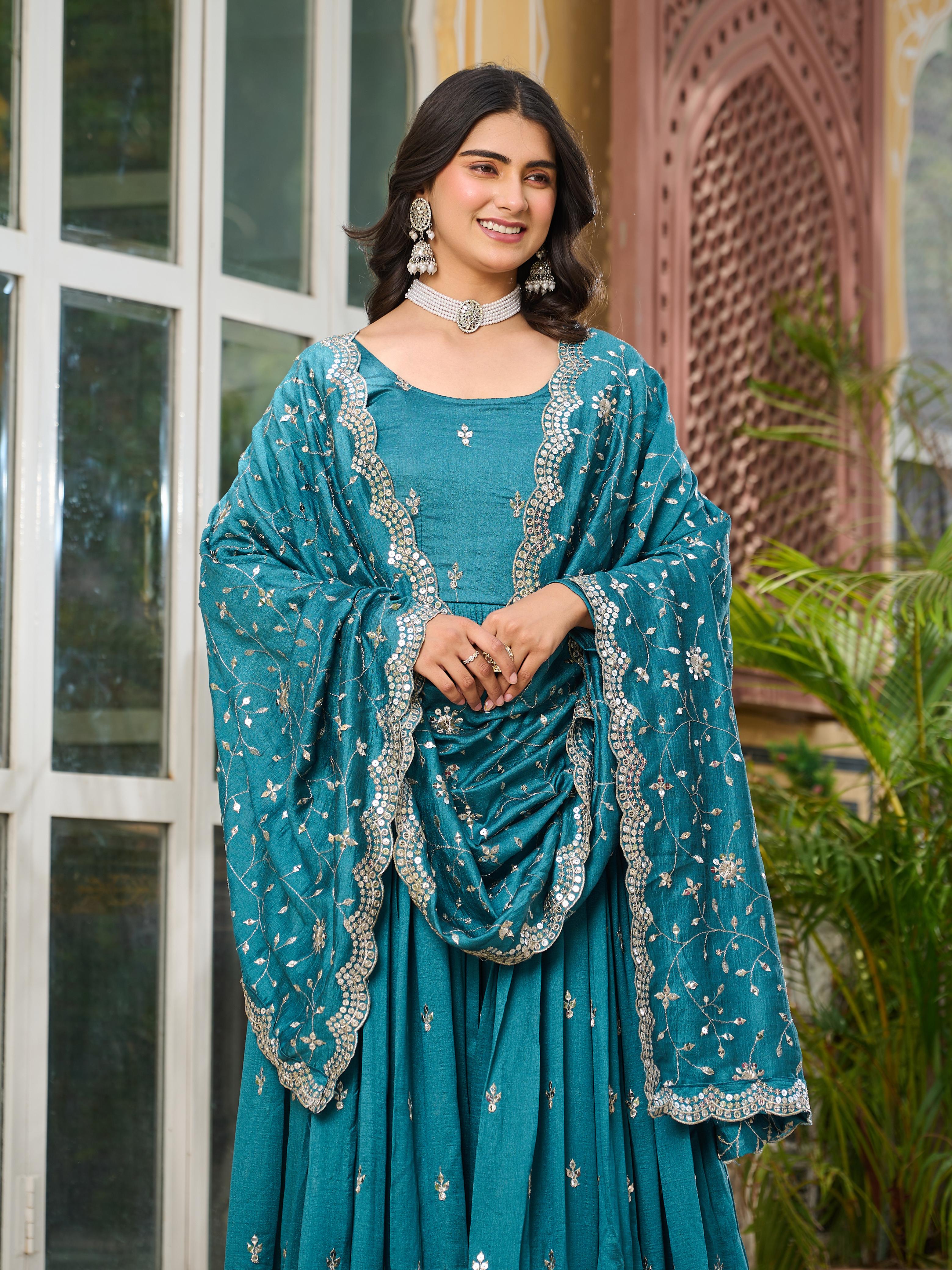 Womenline Sky Blue Color Vichitra Silk Desginer Gown