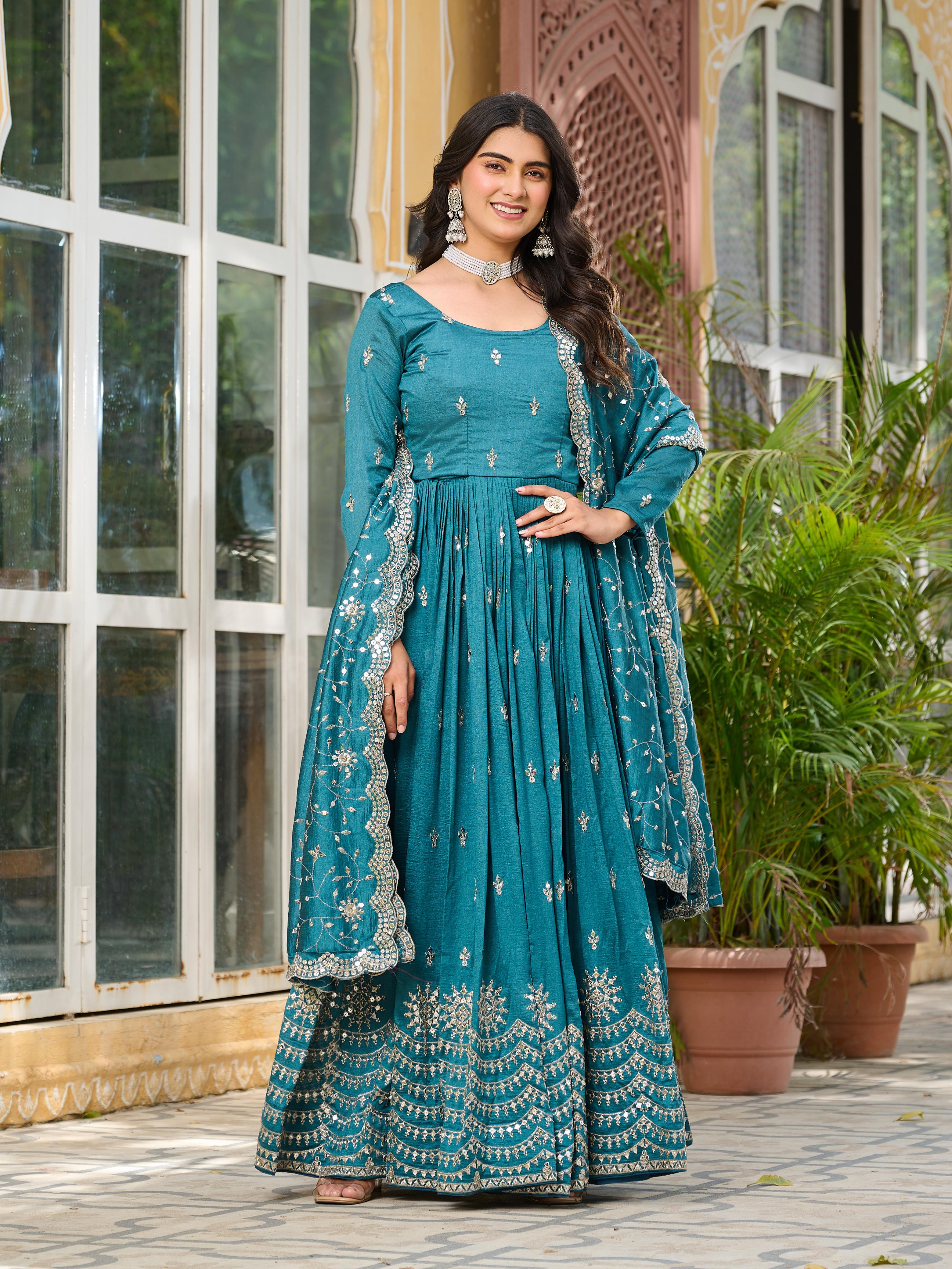 Womenline Sky Blue Color Vichitra Silk Desginer Gown