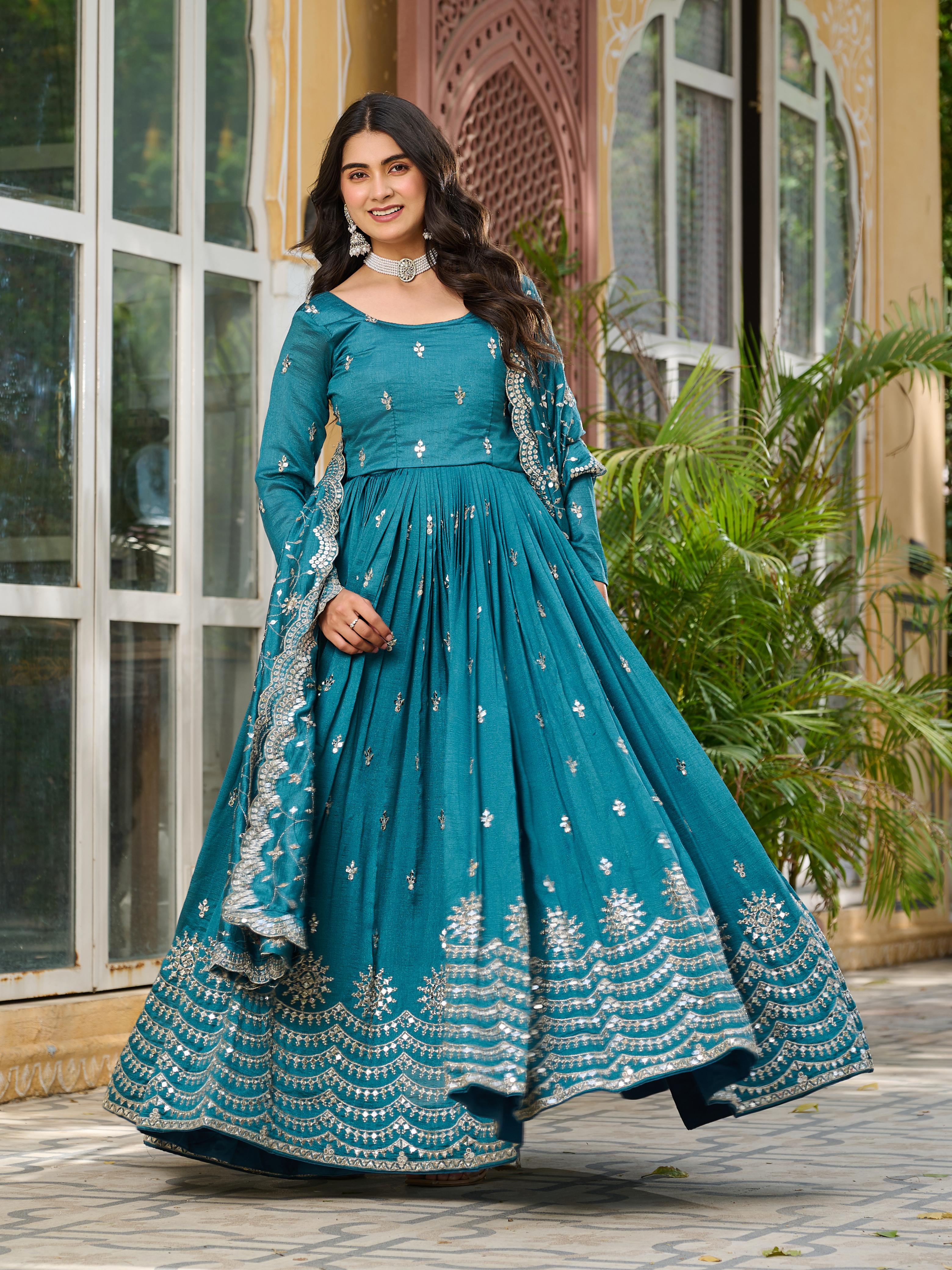 Womenline Sky Blue Color Vichitra Silk Desginer Gown