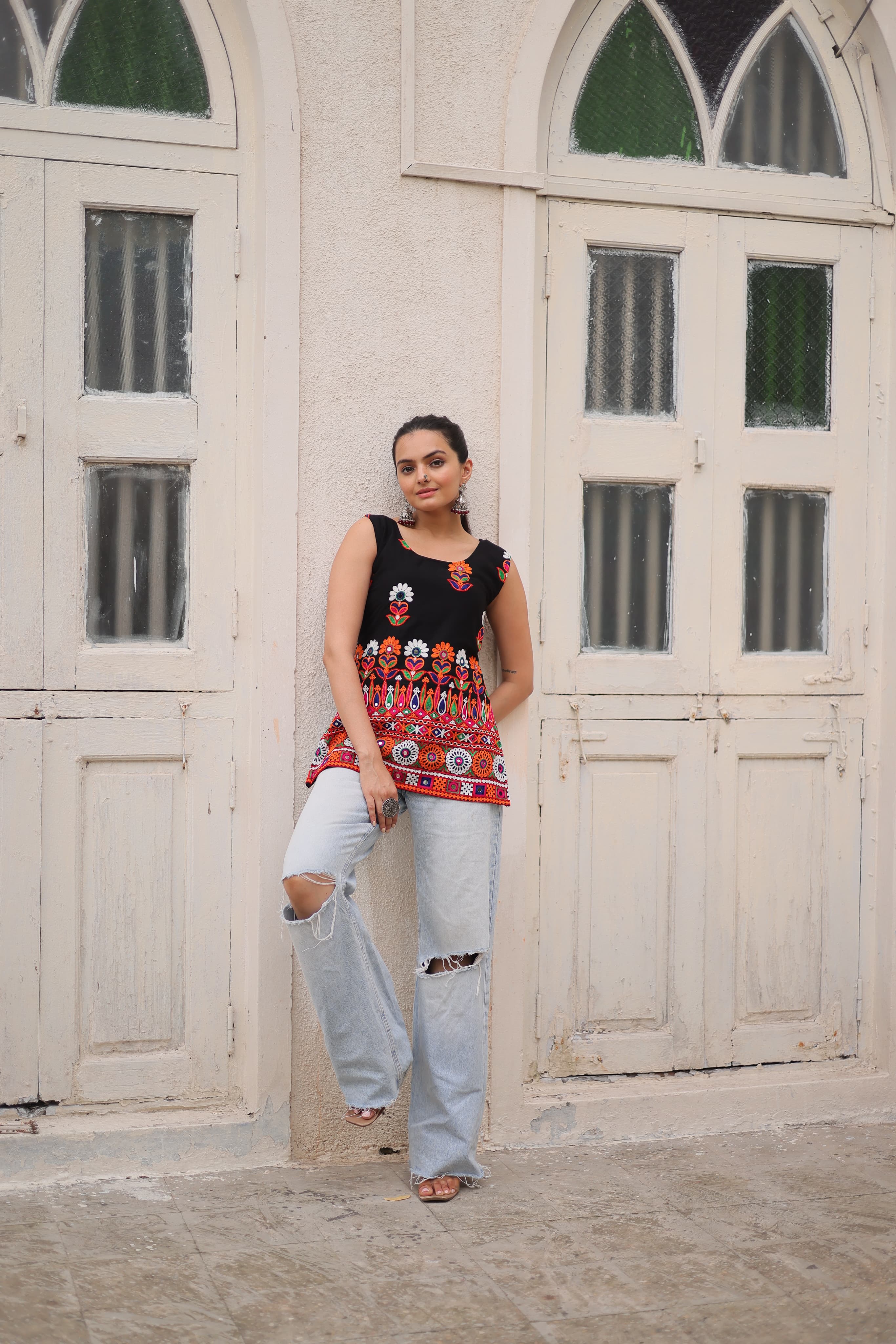 Womenline Black Color Georgette Navratri Tunic