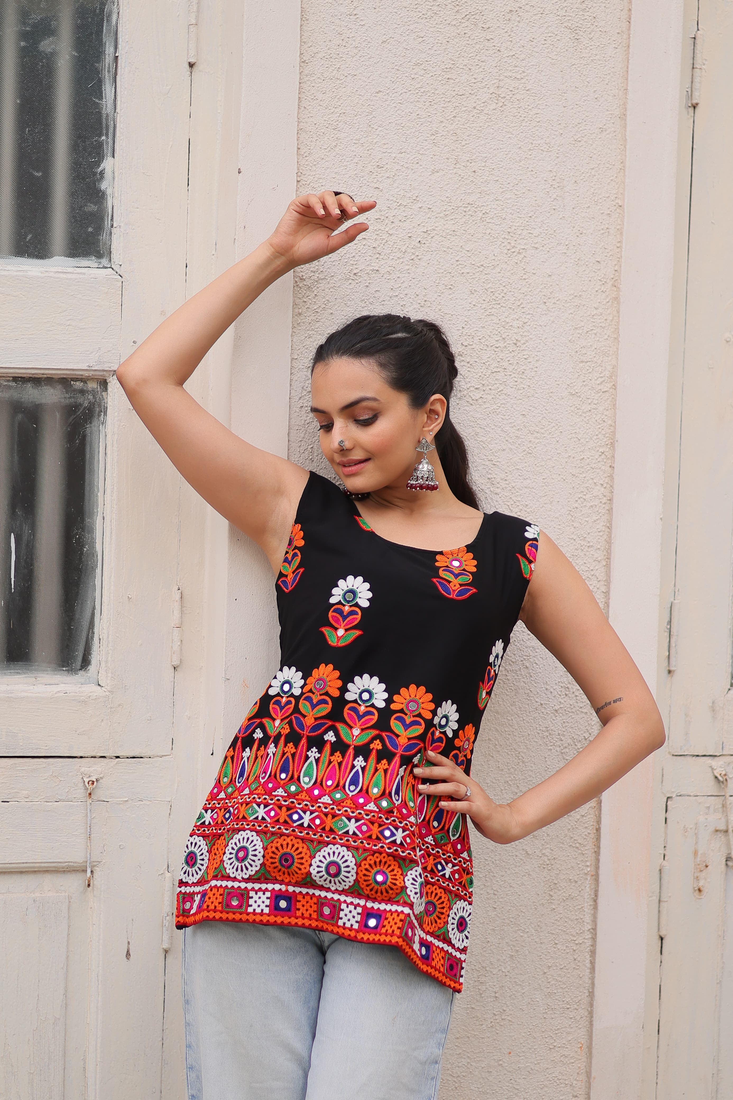 Womenline Black Color Georgette Navratri Tunic