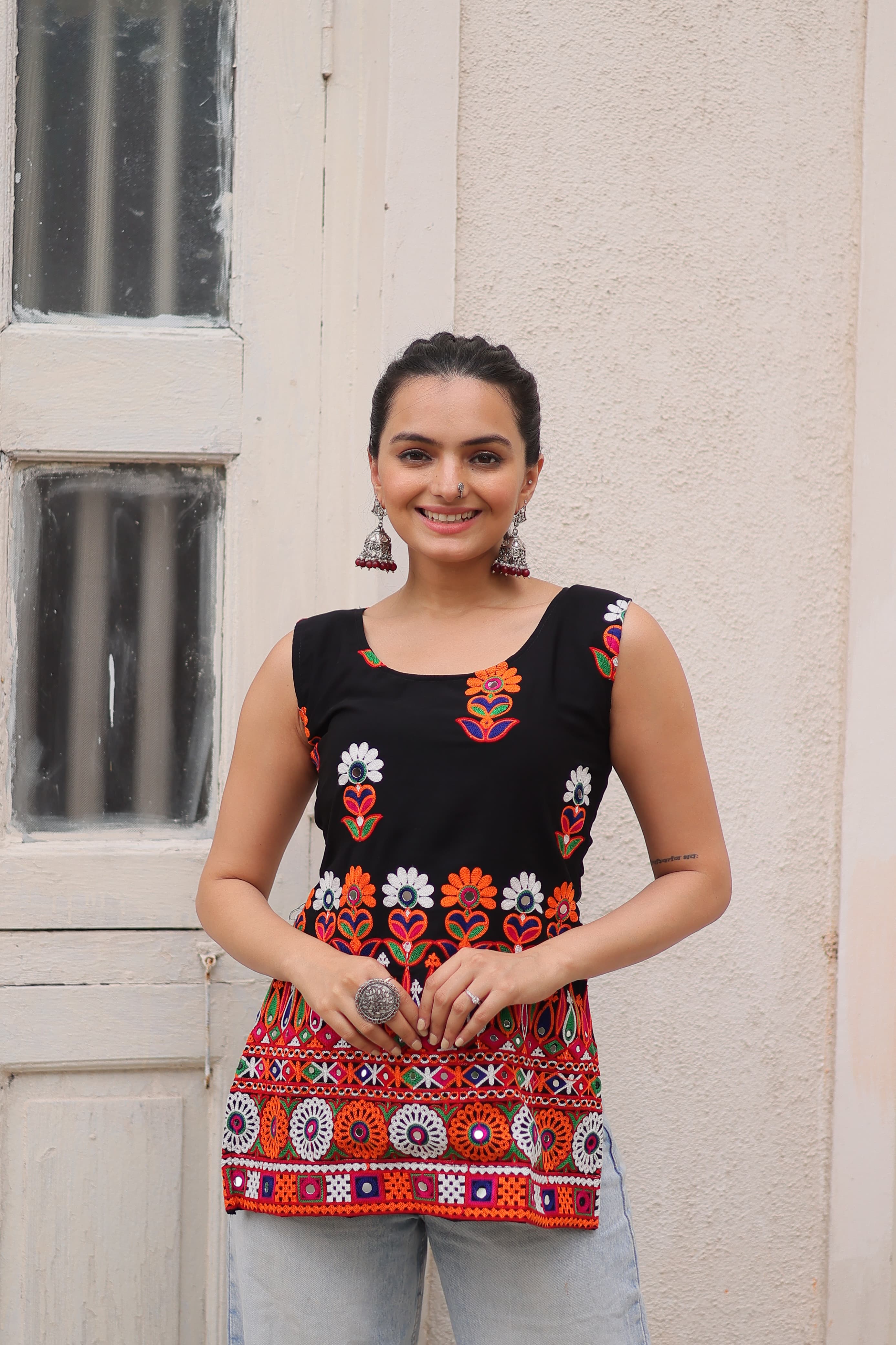 Womenline Black Color Georgette Navratri Tunic