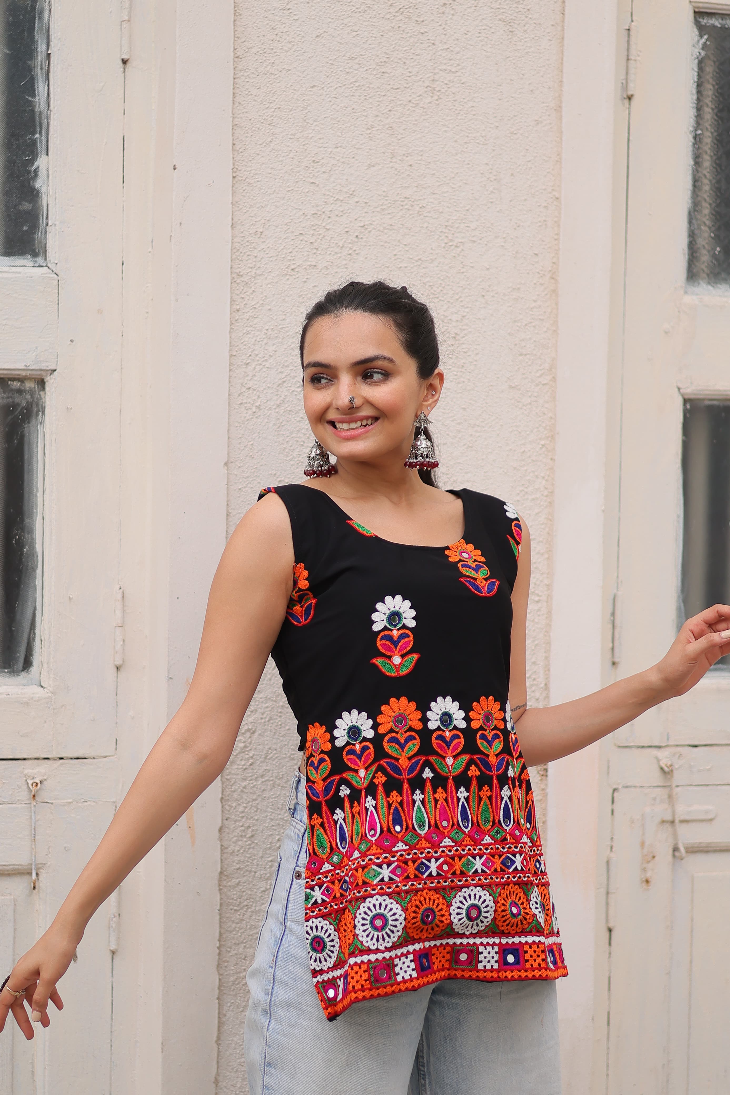 Womenline Black Color Georgette Navratri Tunic