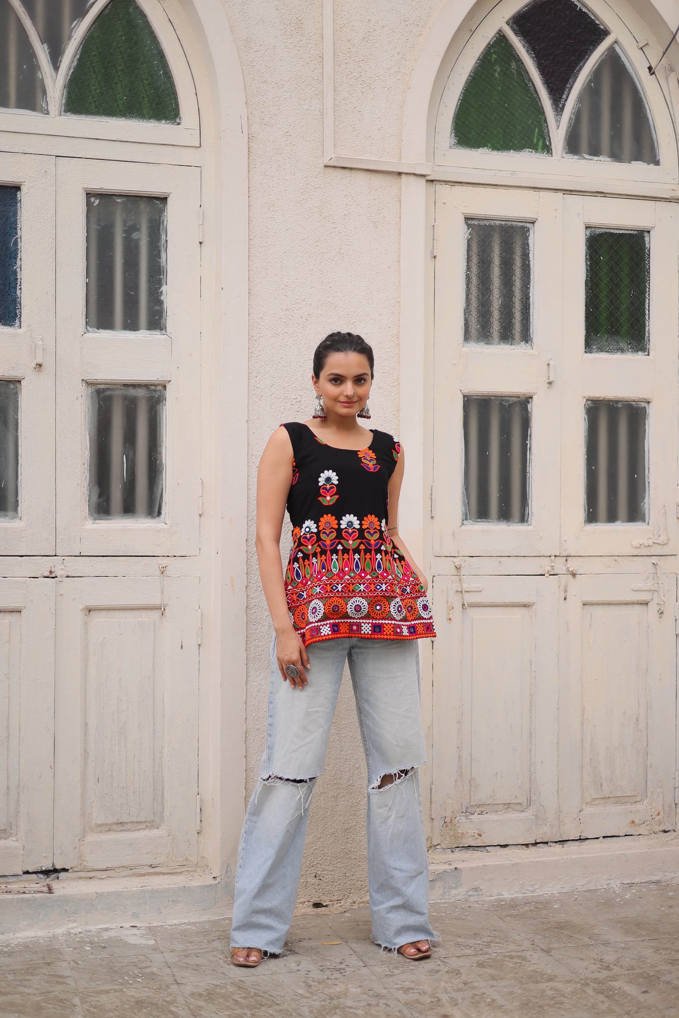 Womenline Black Color Georgette Navratri Tunic