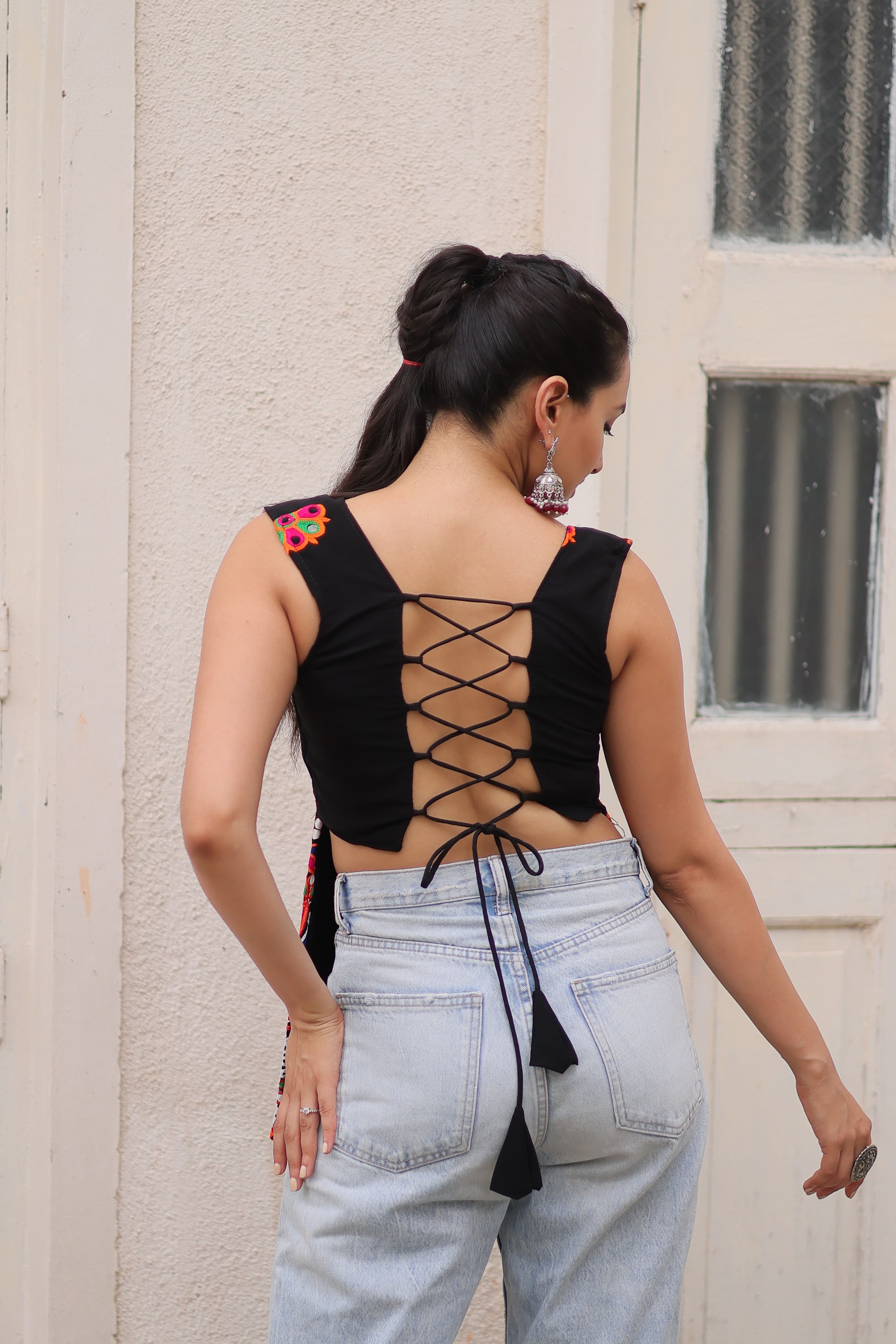 Womenline Black Color Georgette Navratri Tunic