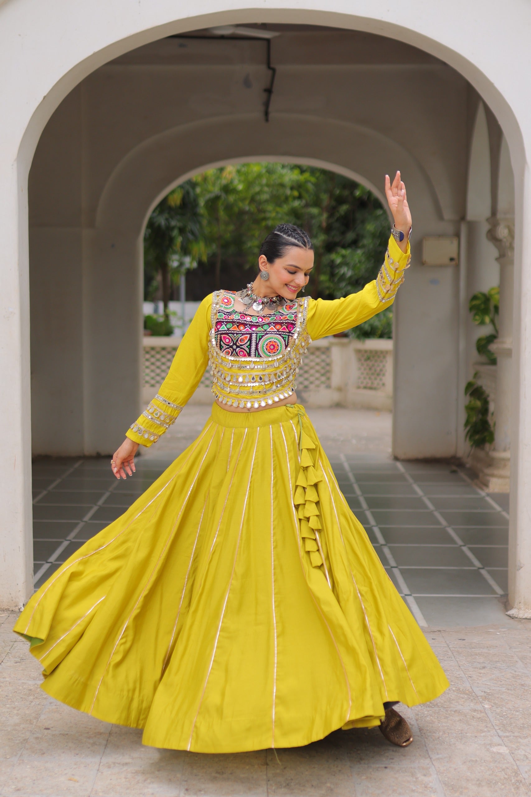 Womenline Yellow Color Roman Attractive Gota Patti Navratri Lehenga Choli