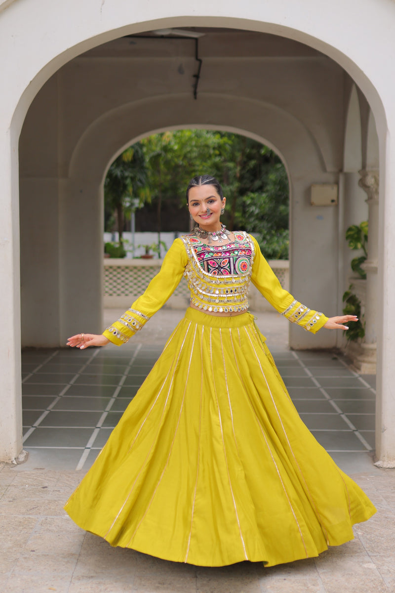 Womenline Yellow Color Roman Attractive Gota Patti Navratri Lehenga Choli