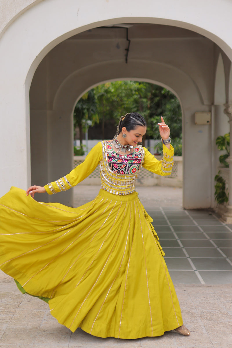 Womenline Yellow Color Roman Attractive Gota Patti Navratri Lehenga Choli