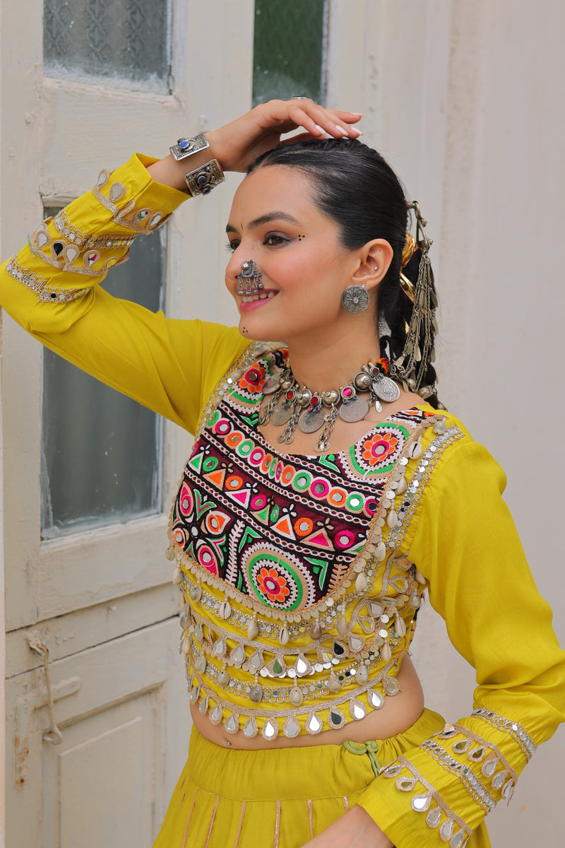 Womenline Yellow Color Roman Attractive Gota Patti Navratri Lehenga Choli