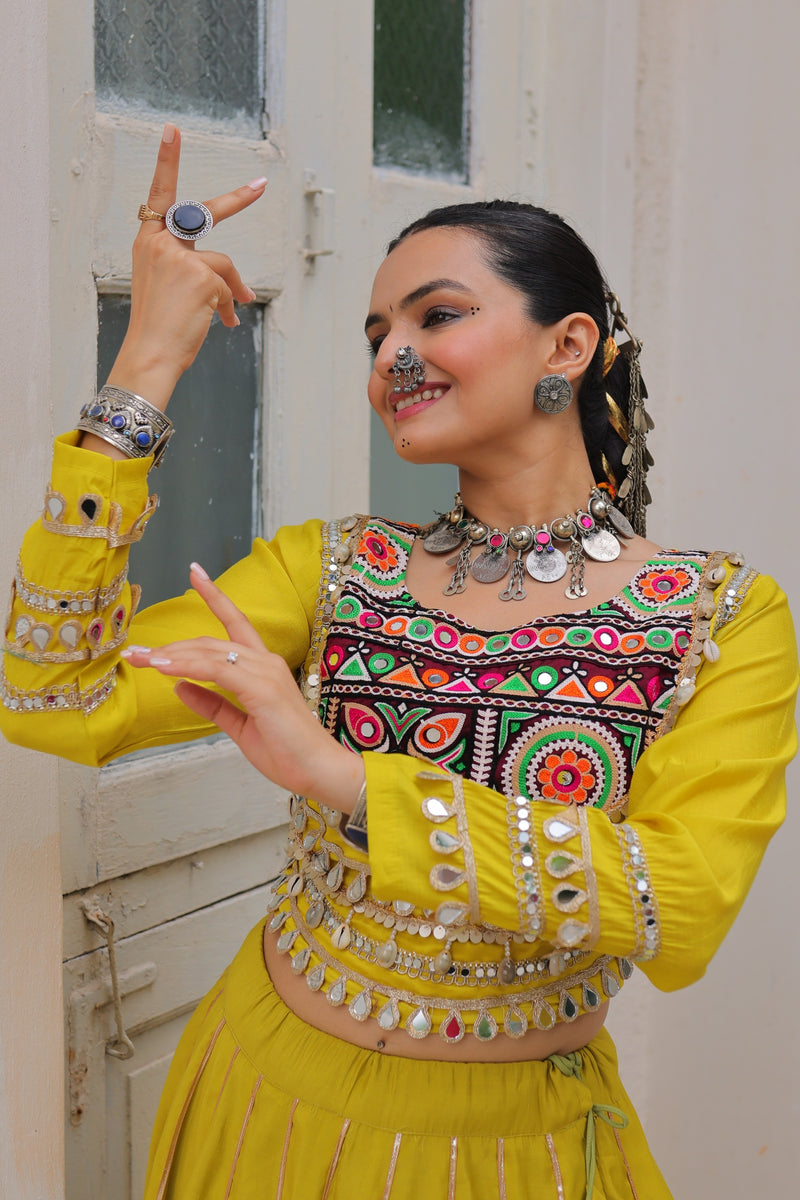 Womenline Yellow Color Roman Attractive Gota Patti Navratri Lehenga Choli