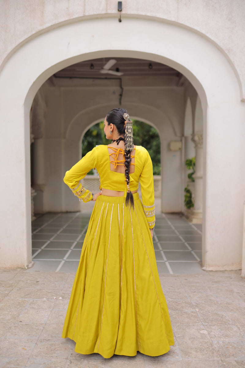 Womenline Yellow Color Roman Attractive Gota Patti Navratri Lehenga Choli