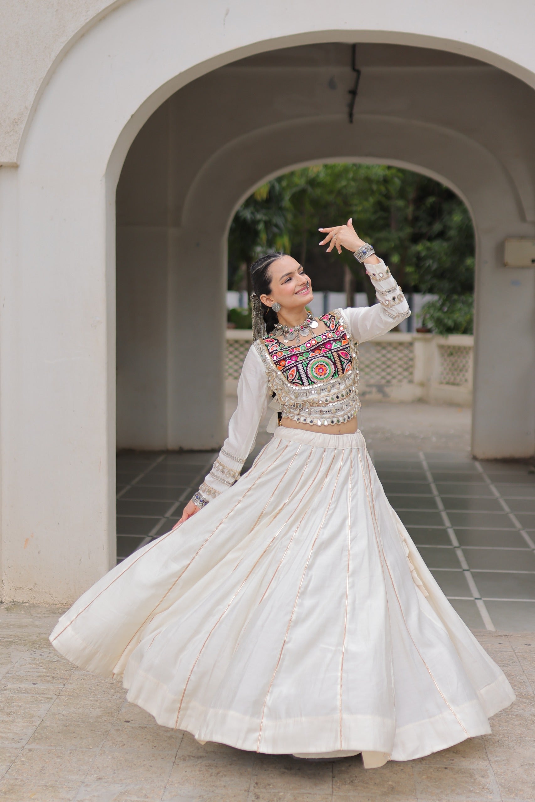 Womenline White Color Roman Attractive Gota Patti Navratri Lehenga Choli