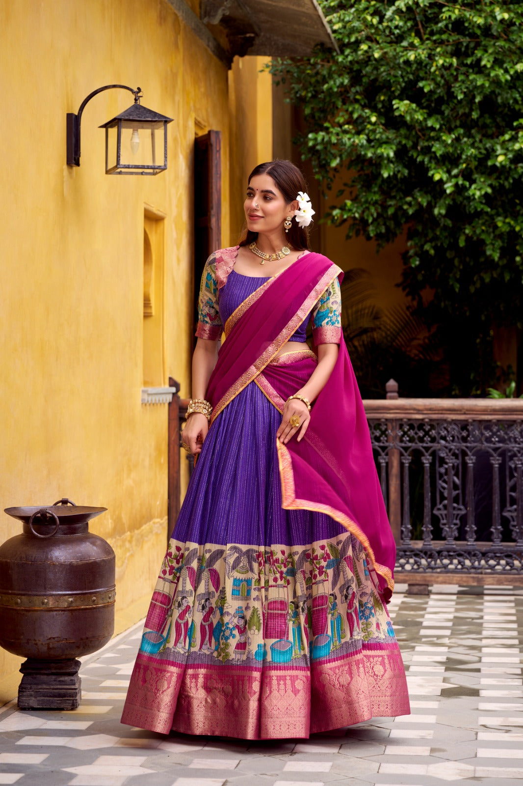 Womenline Purple Color Poly Chanderi Half Saree