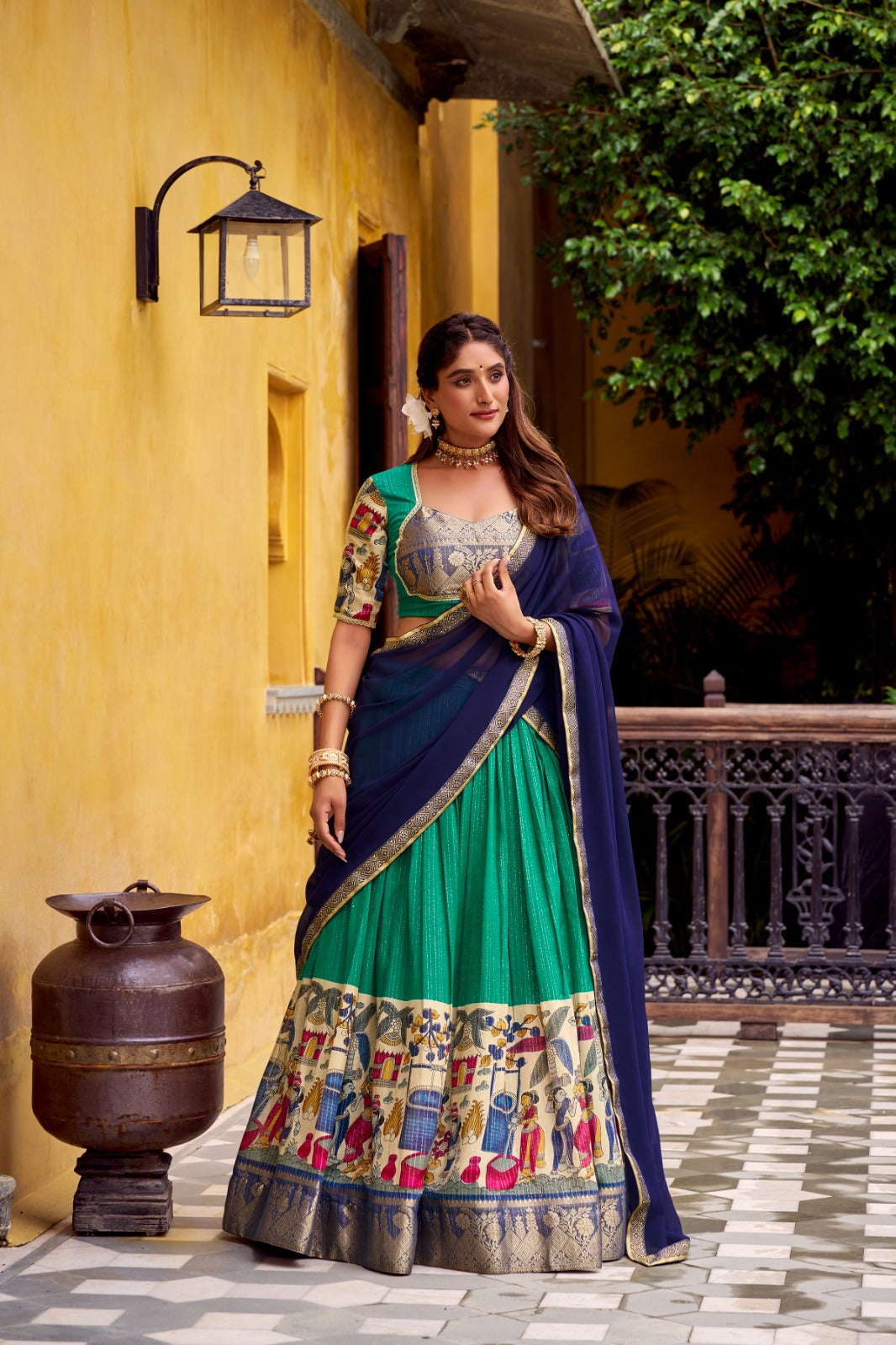 Womenline Green Color Poly Chanderi Half Saree
