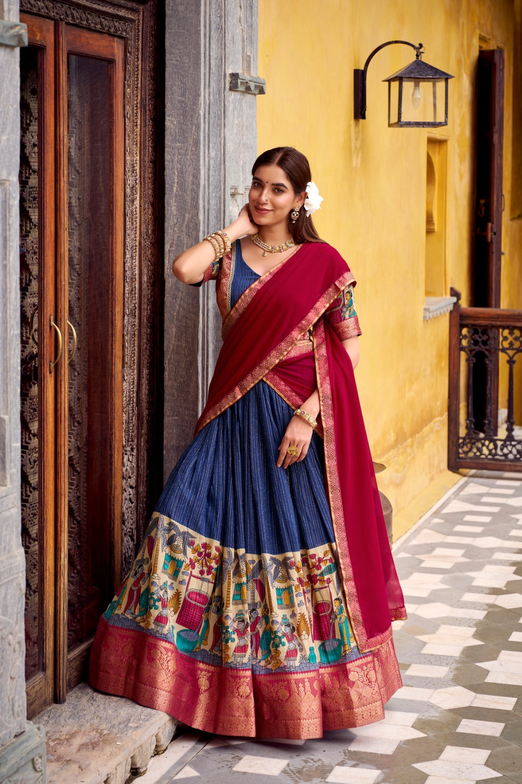Womenline Blue Color Poly Chanderi Half Saree