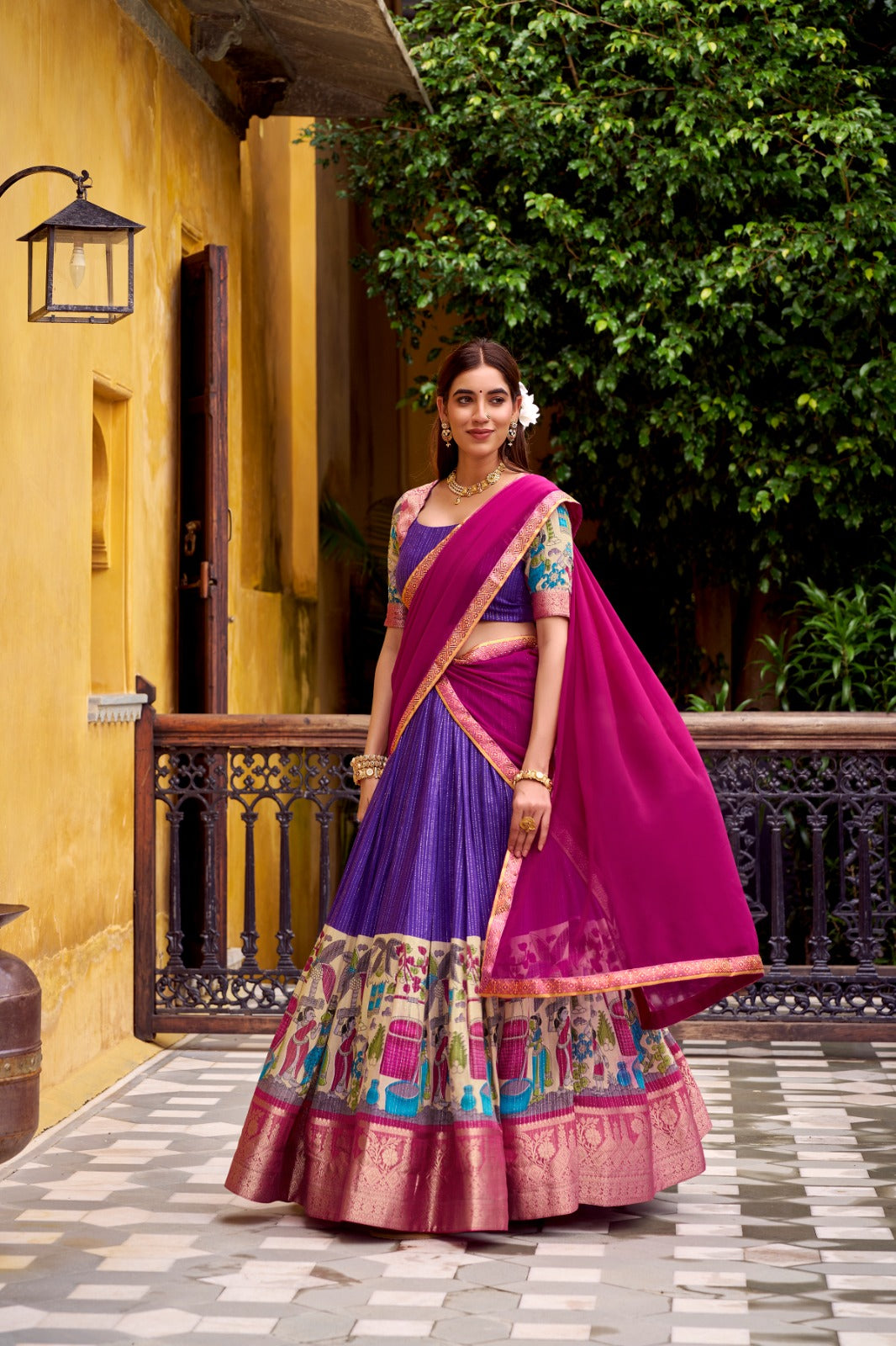 Womenline Purple Color Poly Chanderi Half Saree