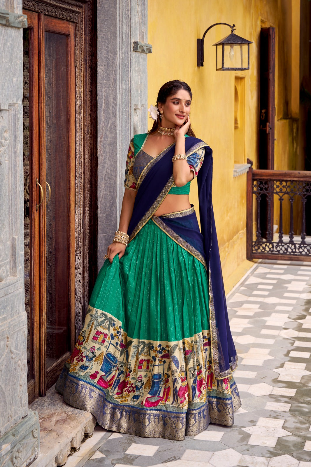 Womenline Green Color Poly Chanderi Half Saree