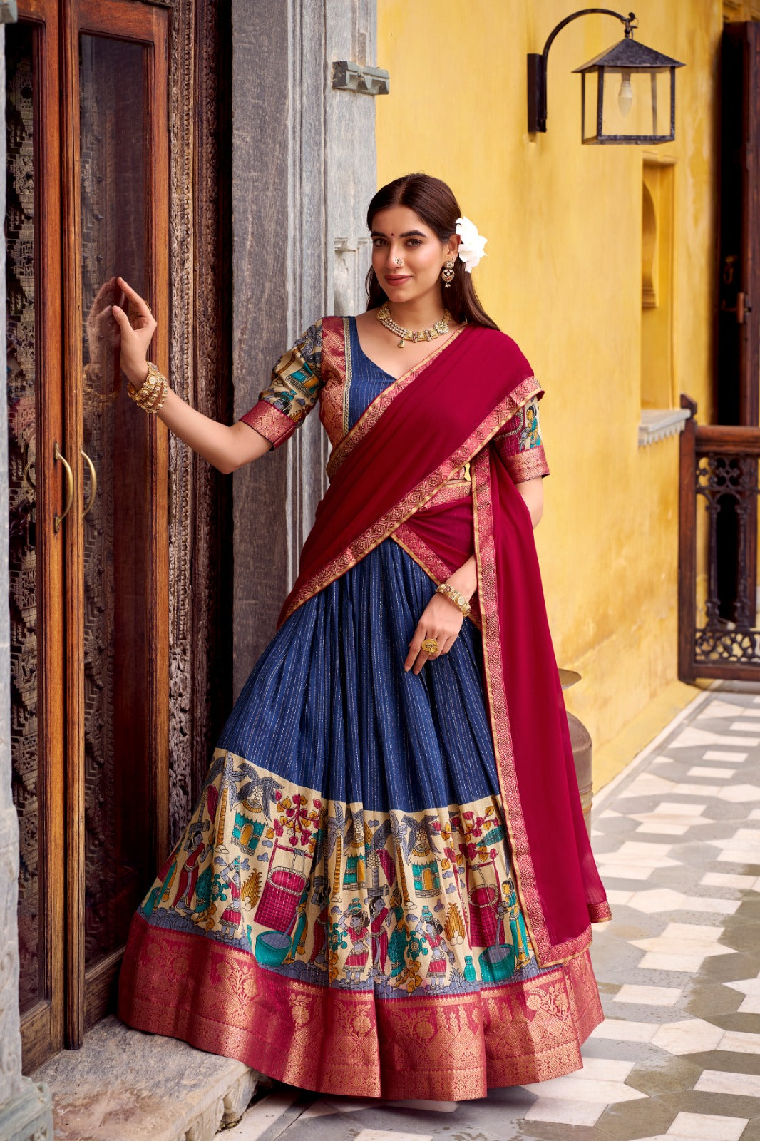 Womenline Blue Color Poly Chanderi Half Saree