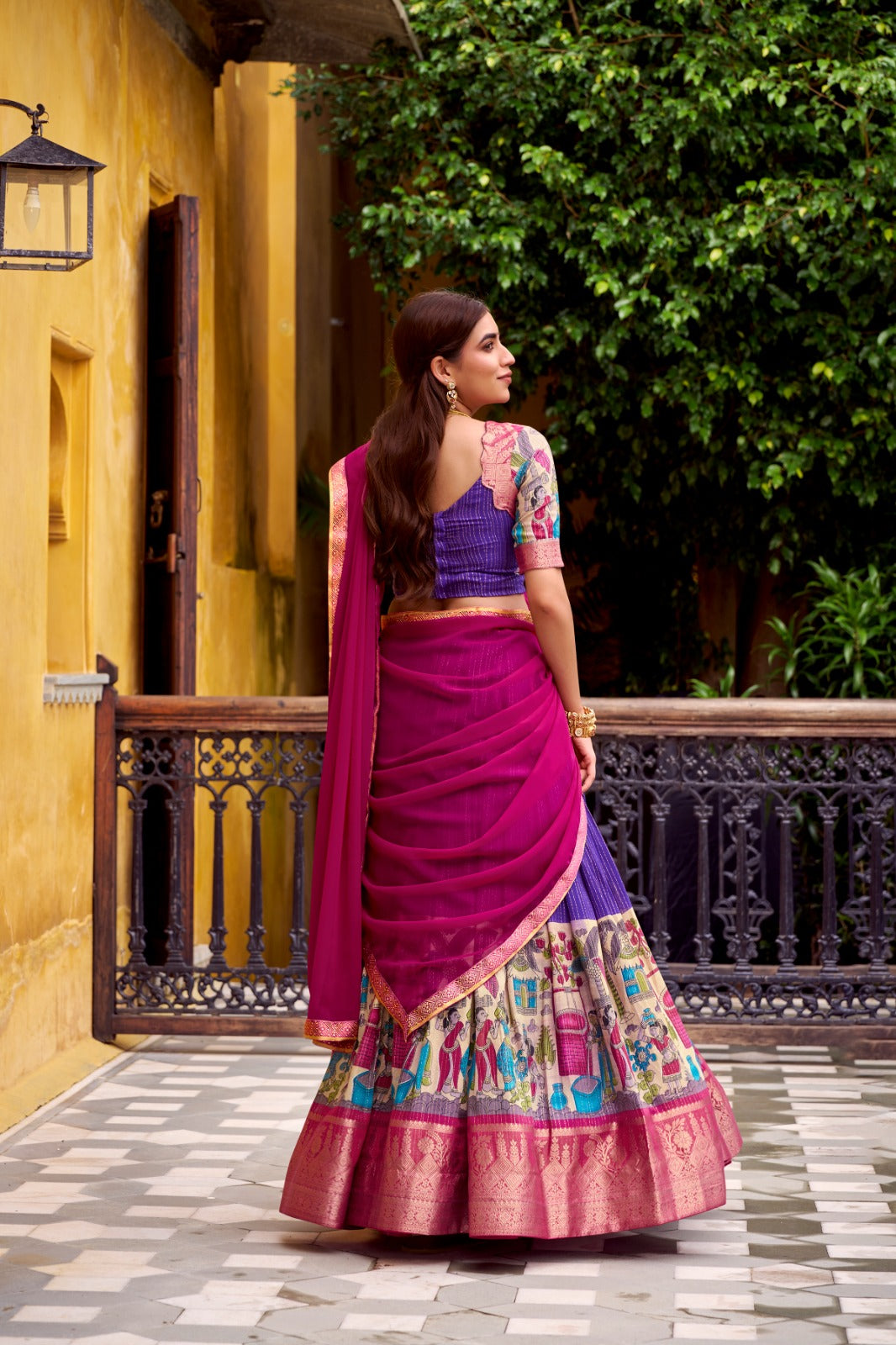 Womenline Purple Color Poly Chanderi Half Saree