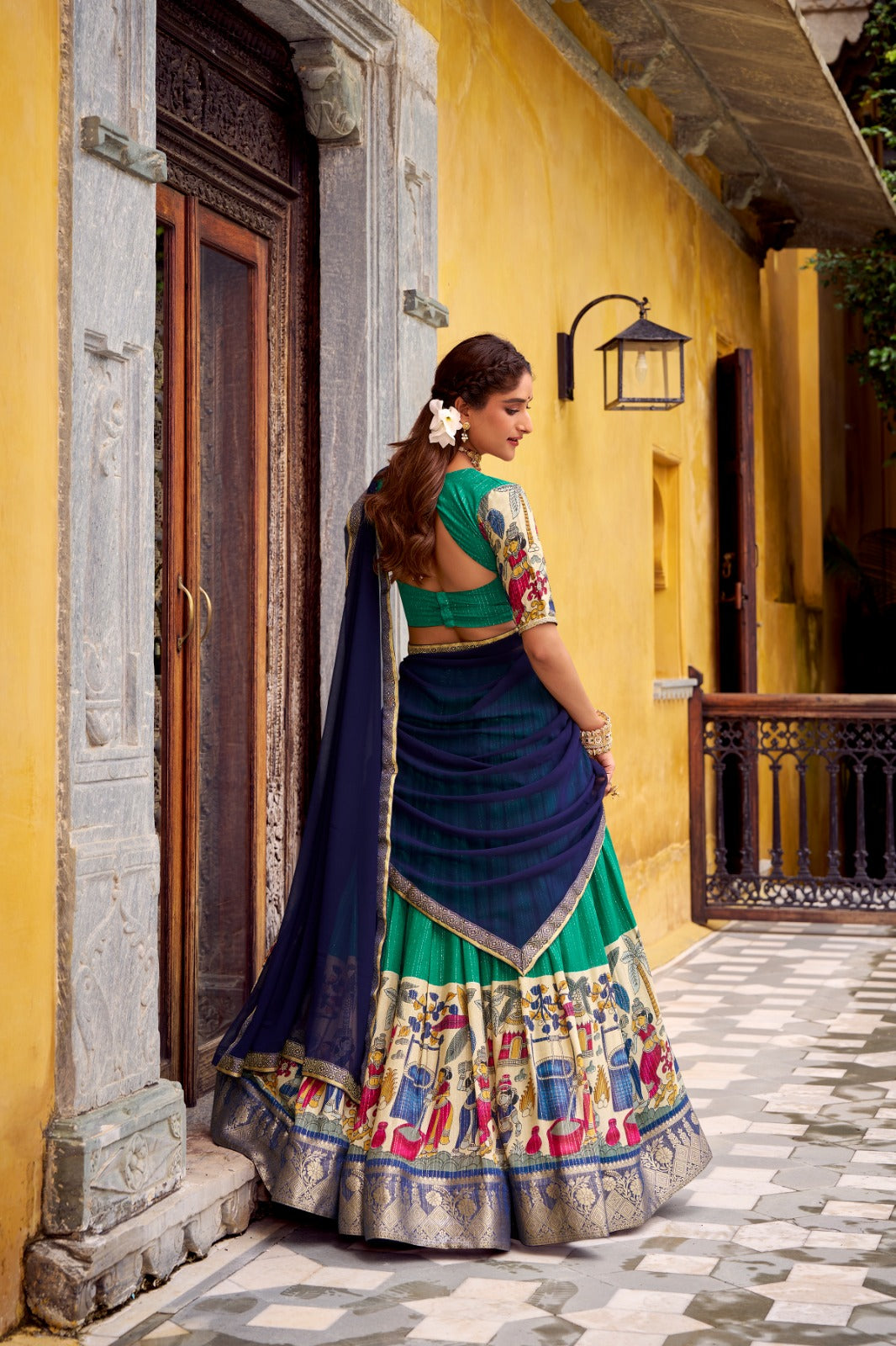 Womenline Green Color Poly Chanderi Half Saree