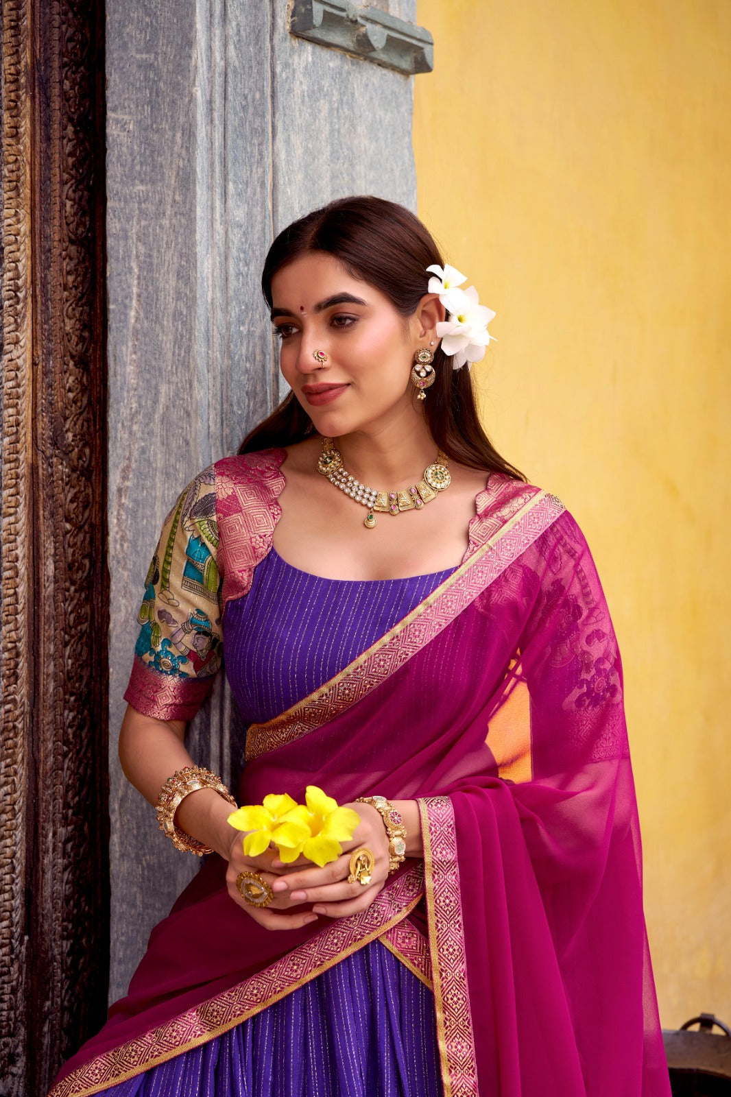 Womenline Purple Color Poly Chanderi Half Saree