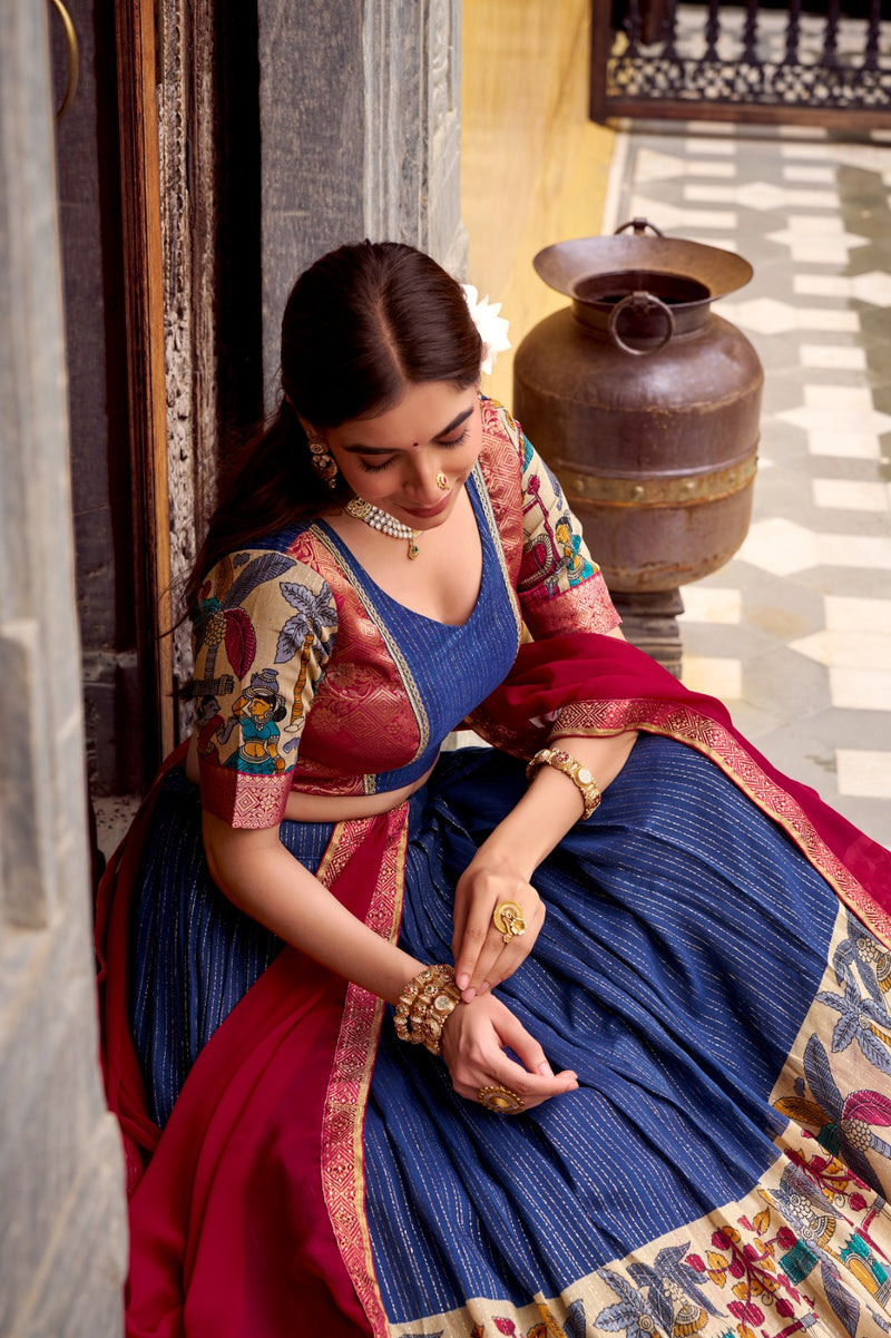 Womenline Blue Color Poly Chanderi Half Saree