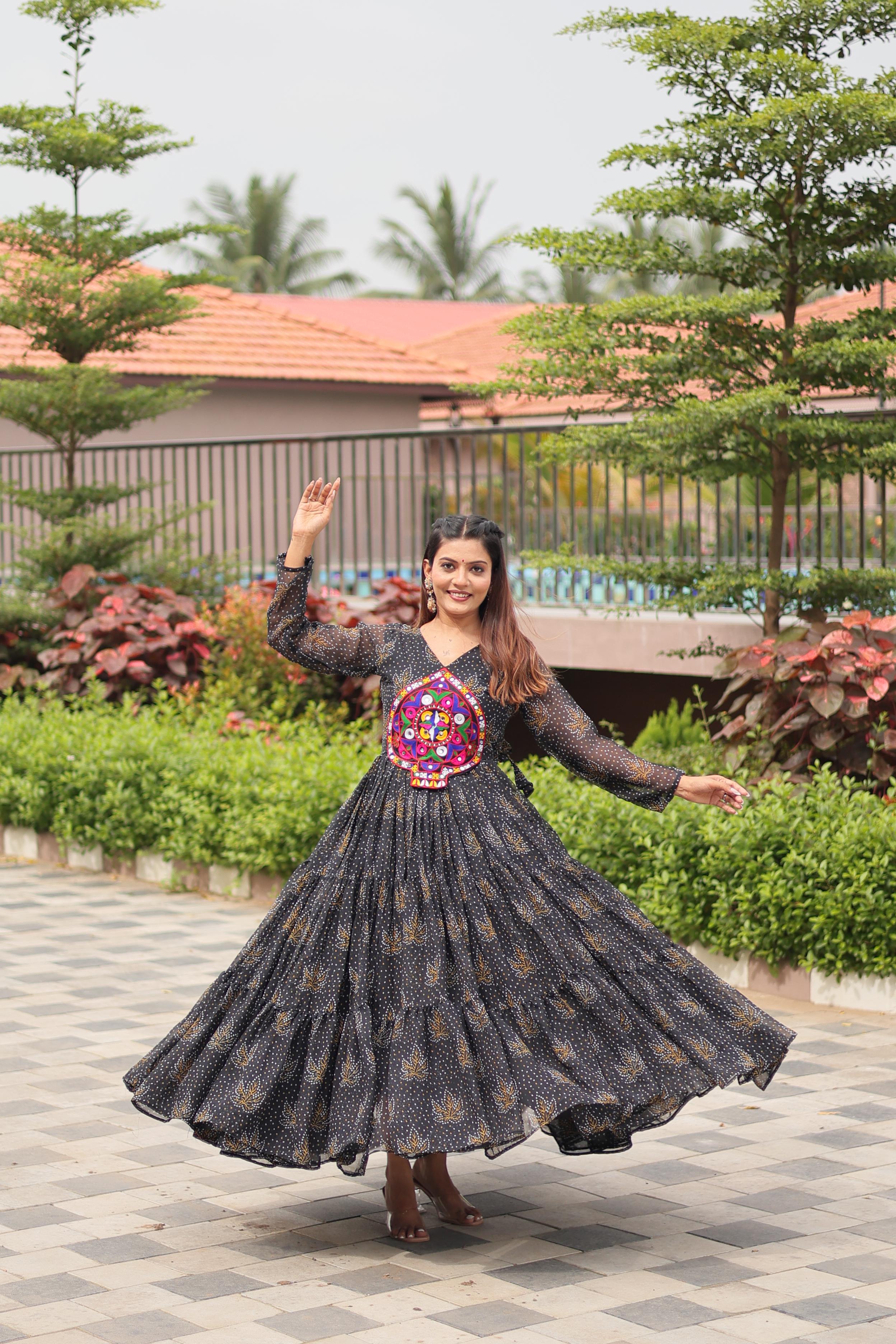 Womenline Black Color Foux Georgette Navratri Gown