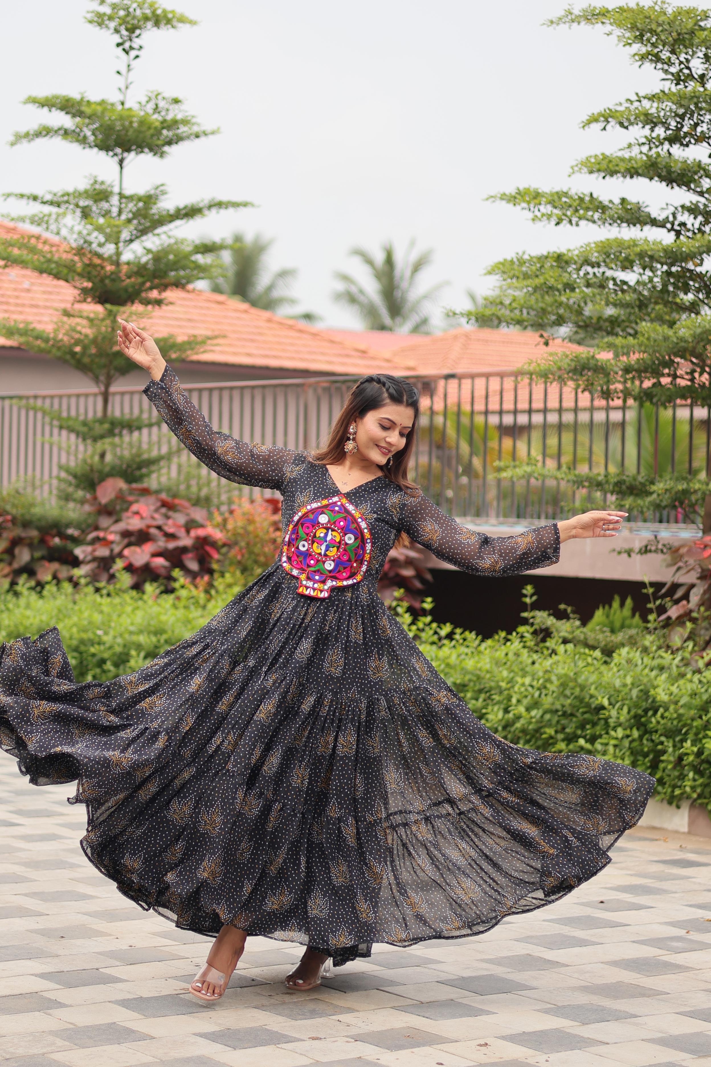 Womenline Black Color Foux Georgette Navratri Gown