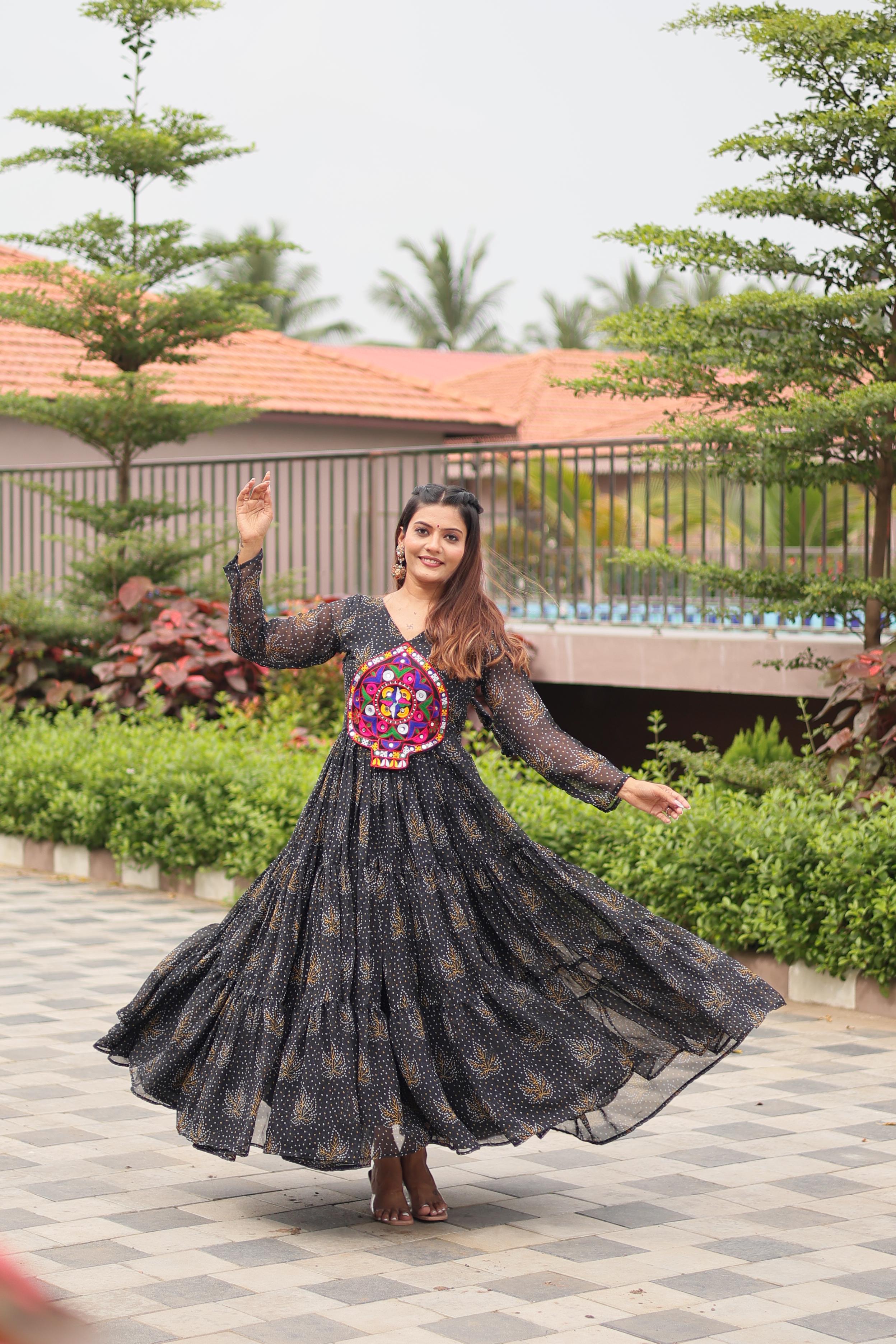 Womenline Black Color Foux Georgette Navratri Gown
