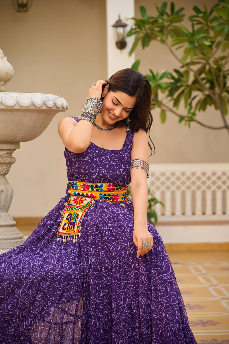 Womenline Purple Color Foux Georgette Print Navratri Gown