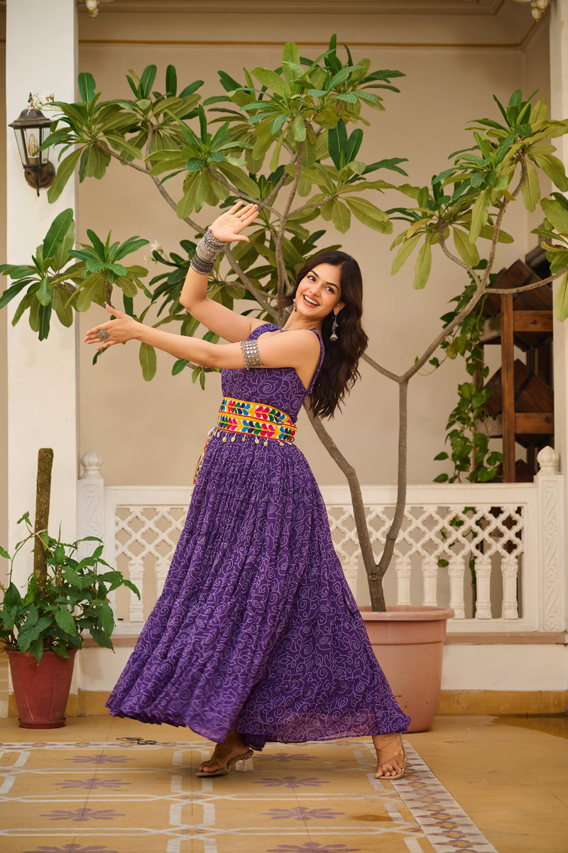 Womenline Purple Color Foux Georgette Print Navratri Gown