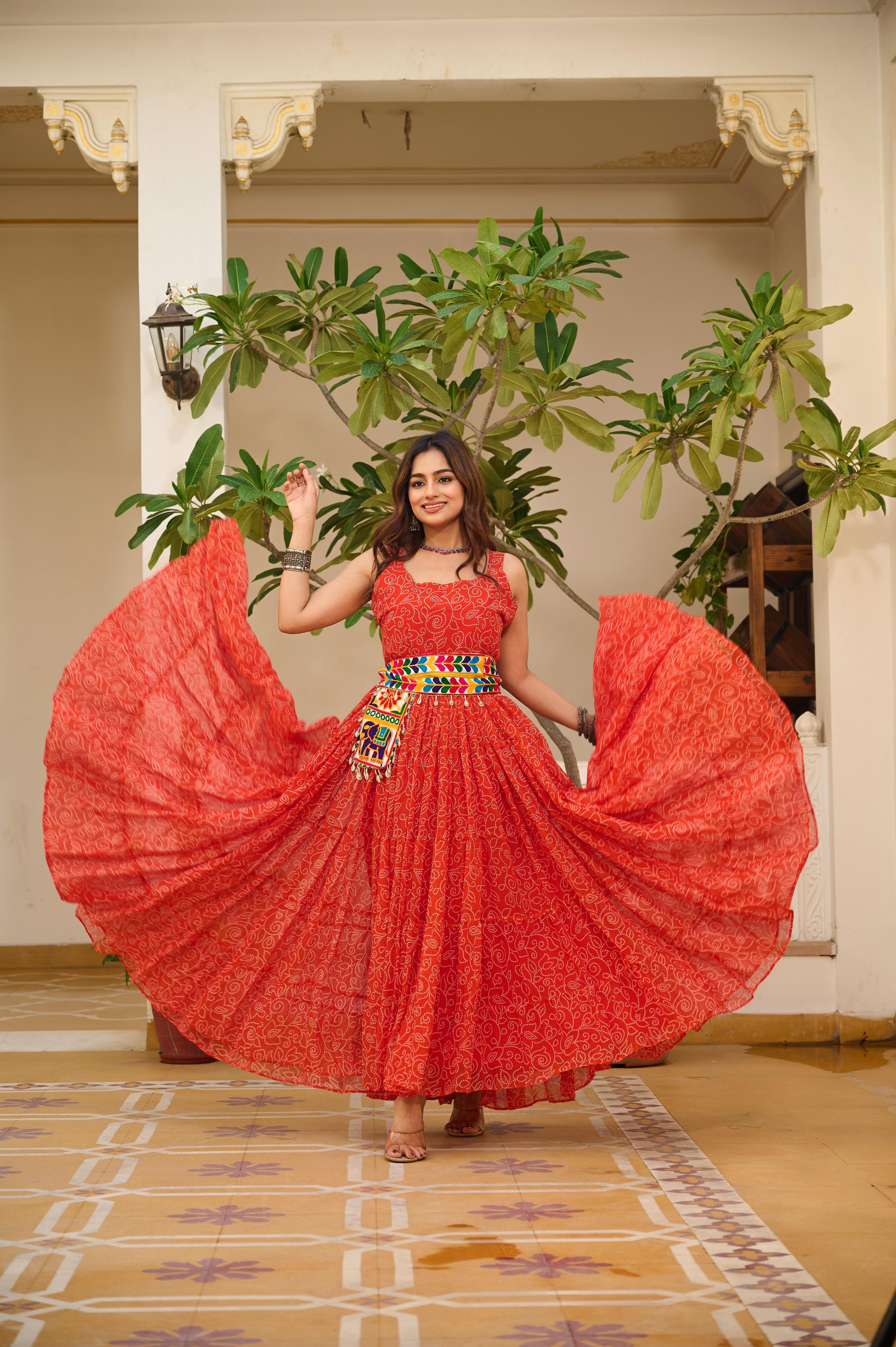 Womenline Orange Color Foux Georgette Navratri Gown