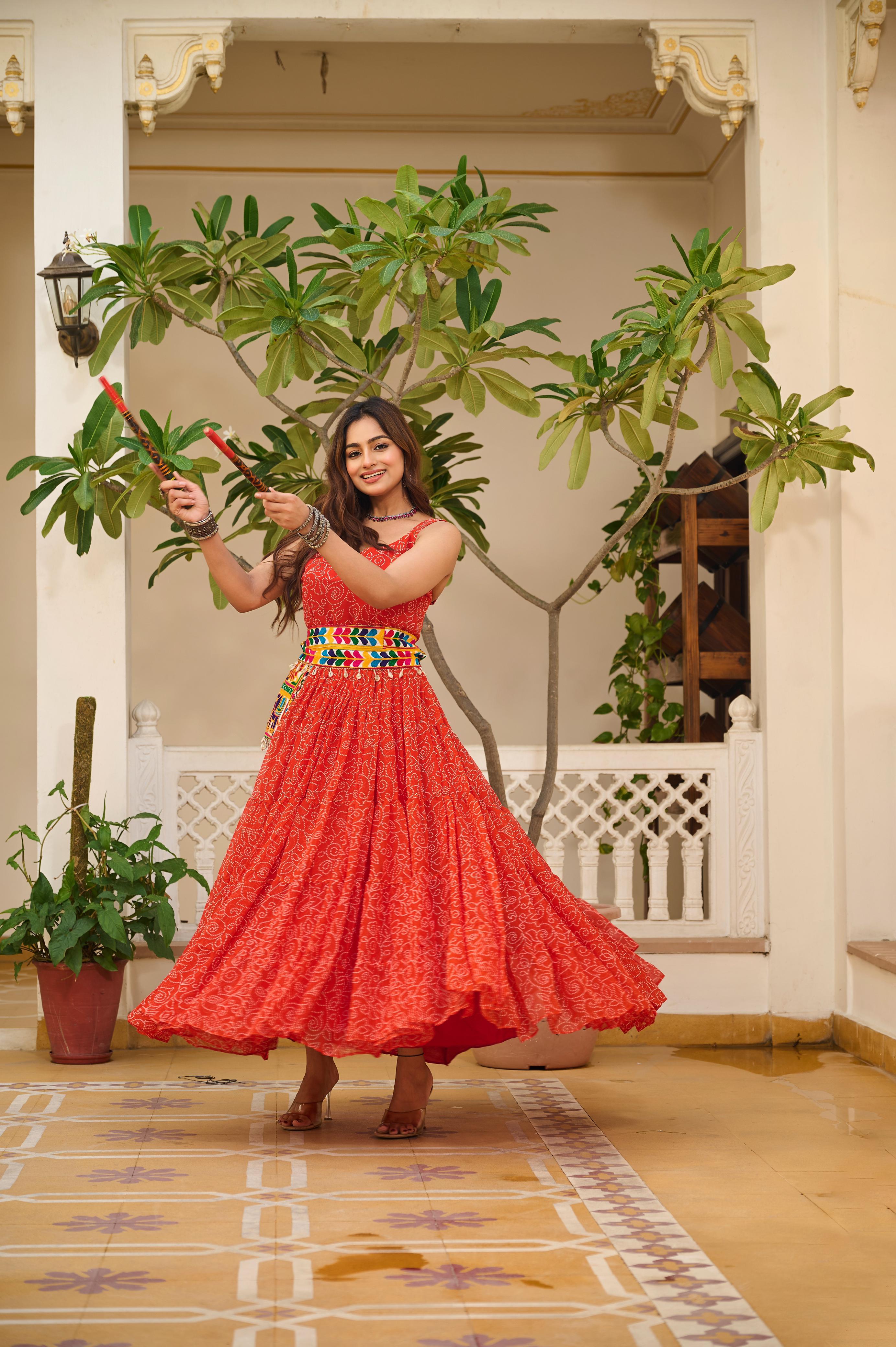 Womenline Orange Color Foux Georgette Navratri Gown