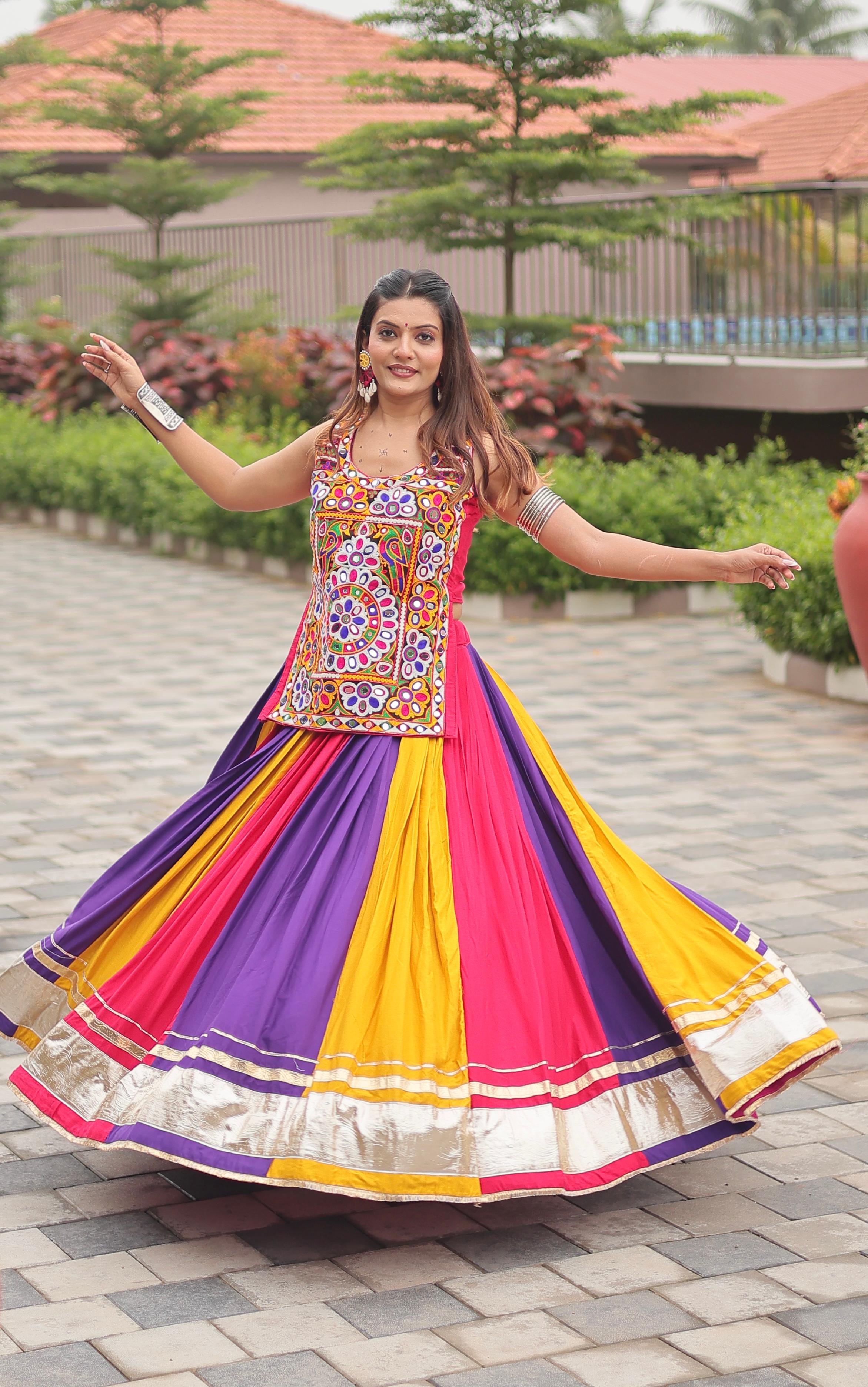 Womenline MultiColor Cotton Gamthi Work Navratri Lehenga Choli
