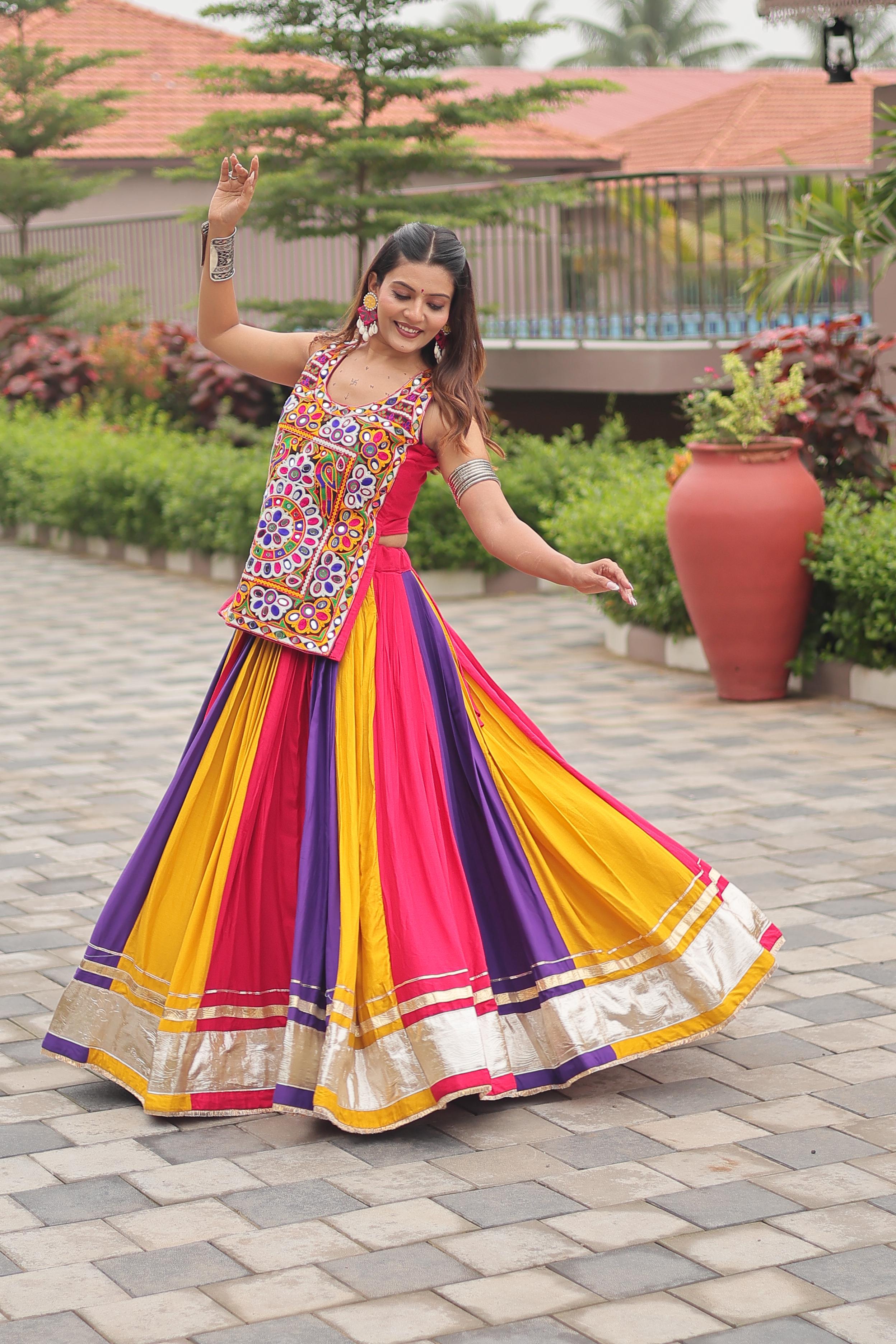 Womenline MultiColor Cotton Gamthi Work Navratri Lehenga Choli