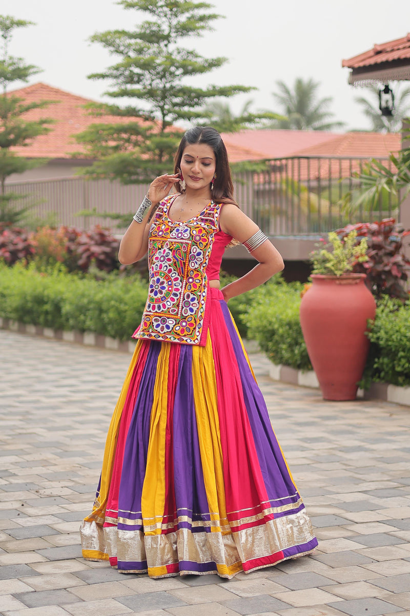 Womenline MultiColor Cotton Gamthi Work Navratri Lehenga Choli