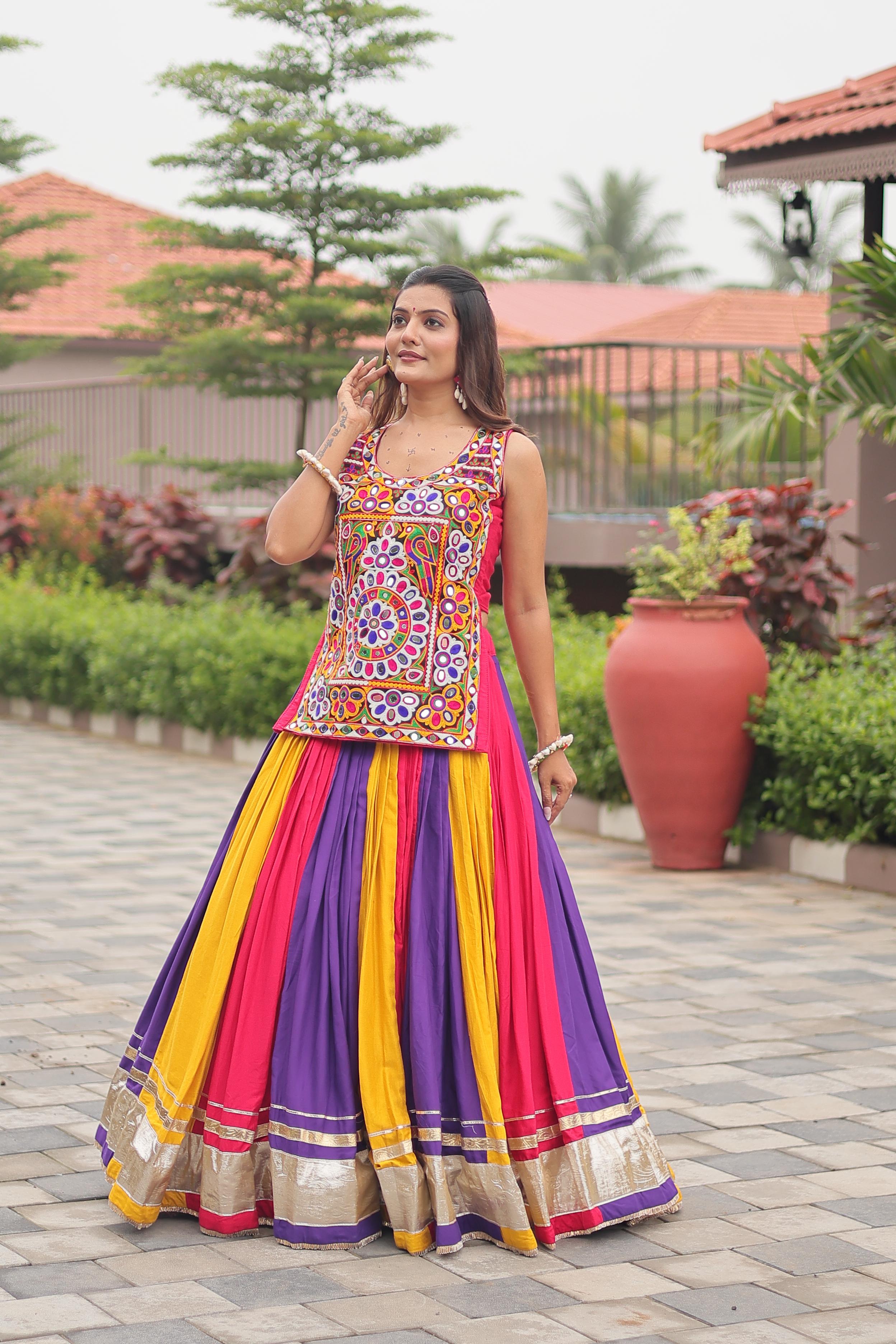 Womenline MultiColor Cotton Gamthi Work Navratri Lehenga Choli