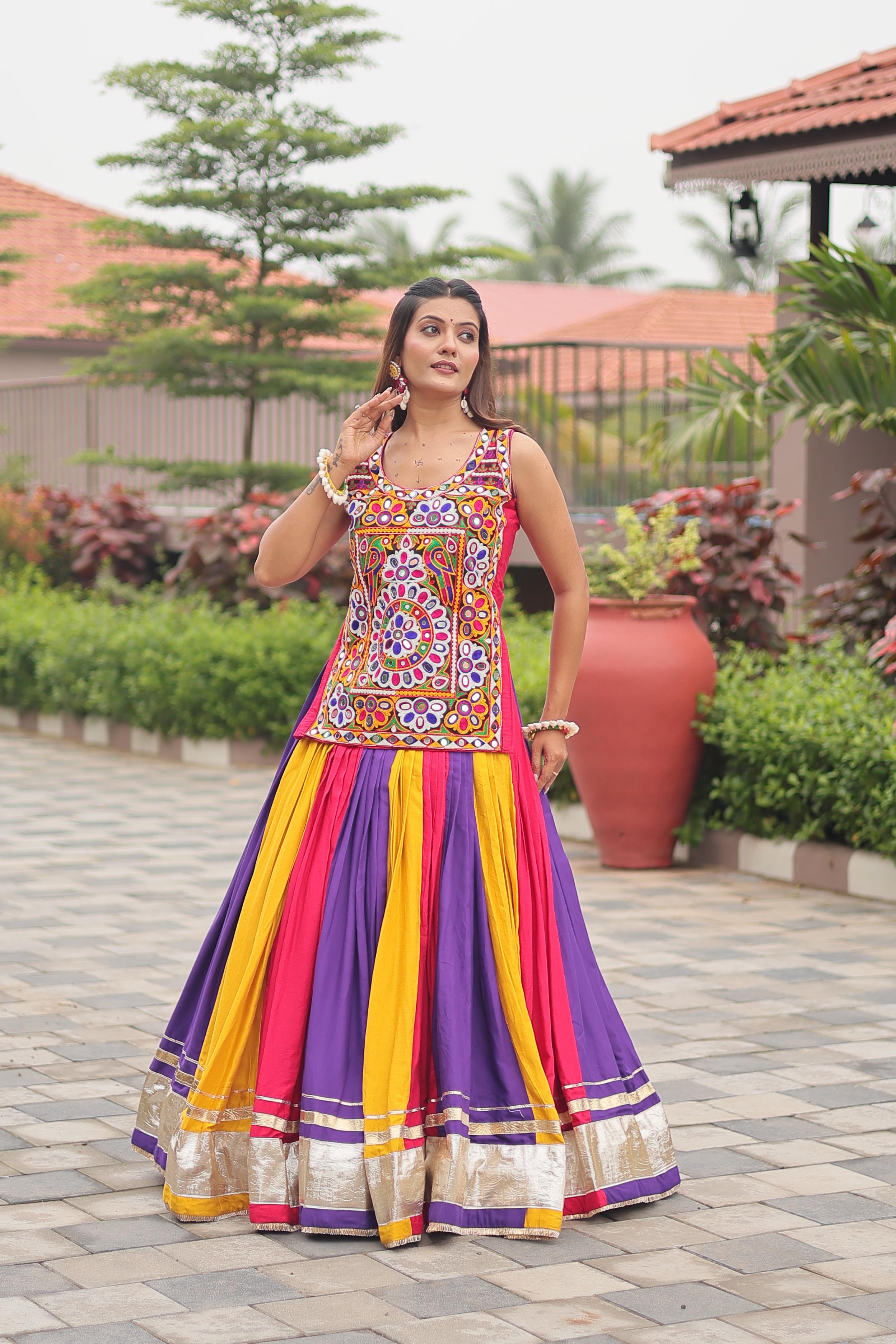 Womenline MultiColor Cotton Gamthi Work Navratri Lehenga Choli