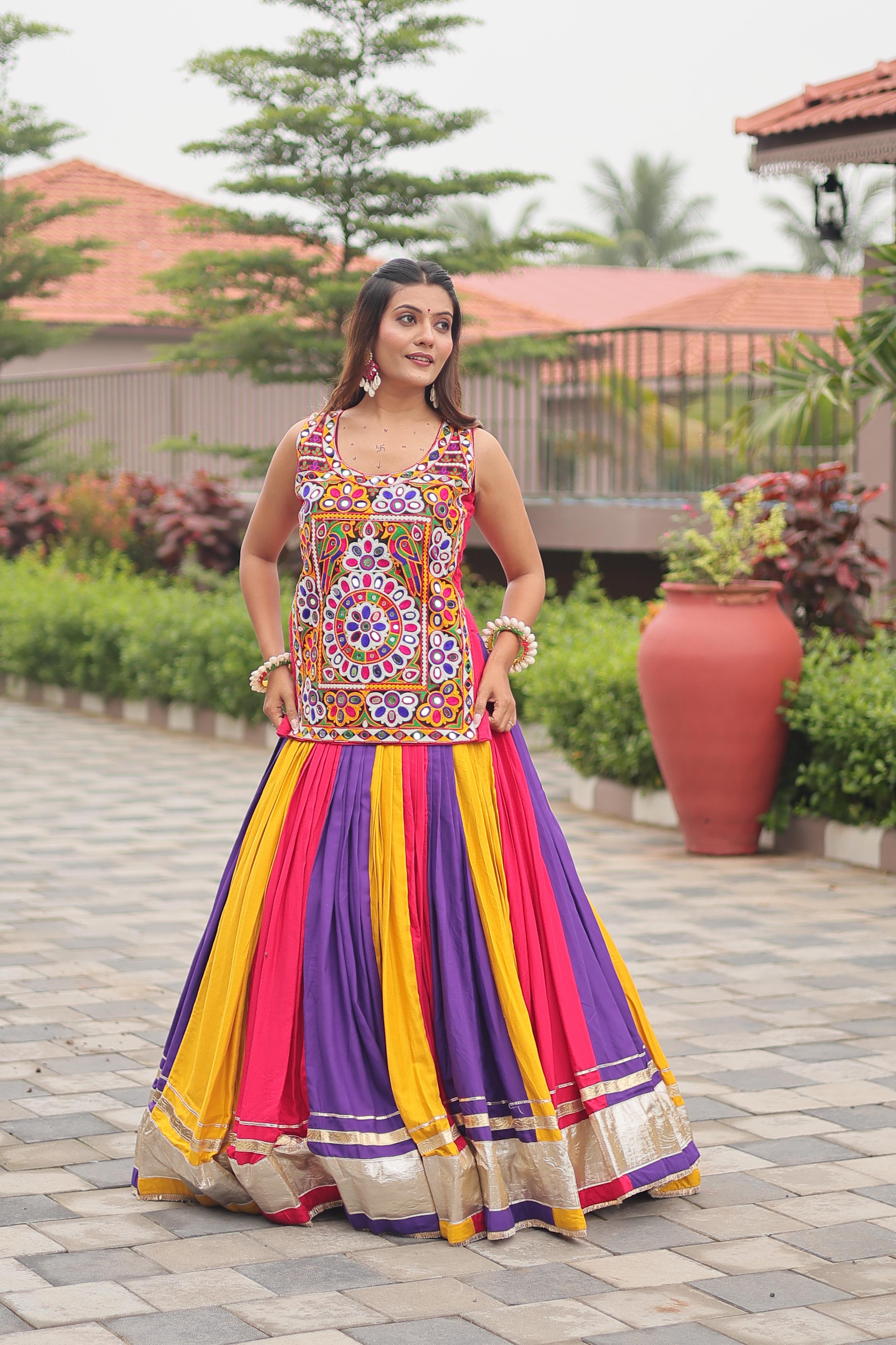 Womenline MultiColor Cotton Gamthi Work Navratri Lehenga Choli
