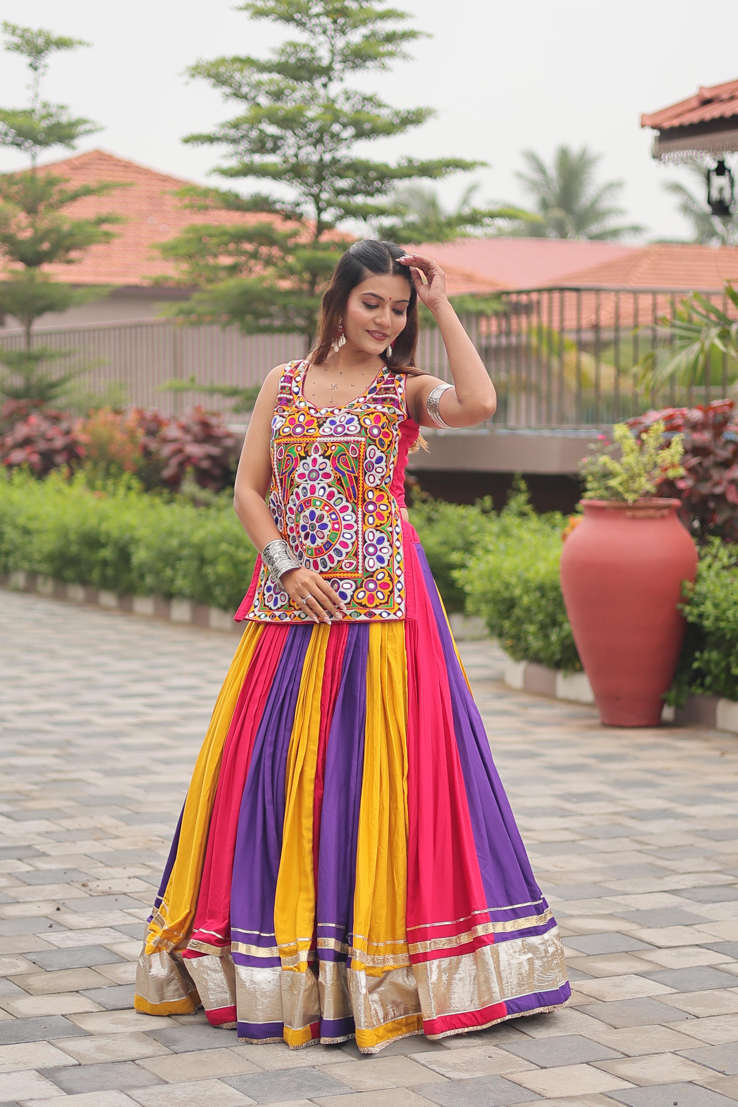 Womenline MultiColor Cotton Gamthi Work Navratri Lehenga Choli